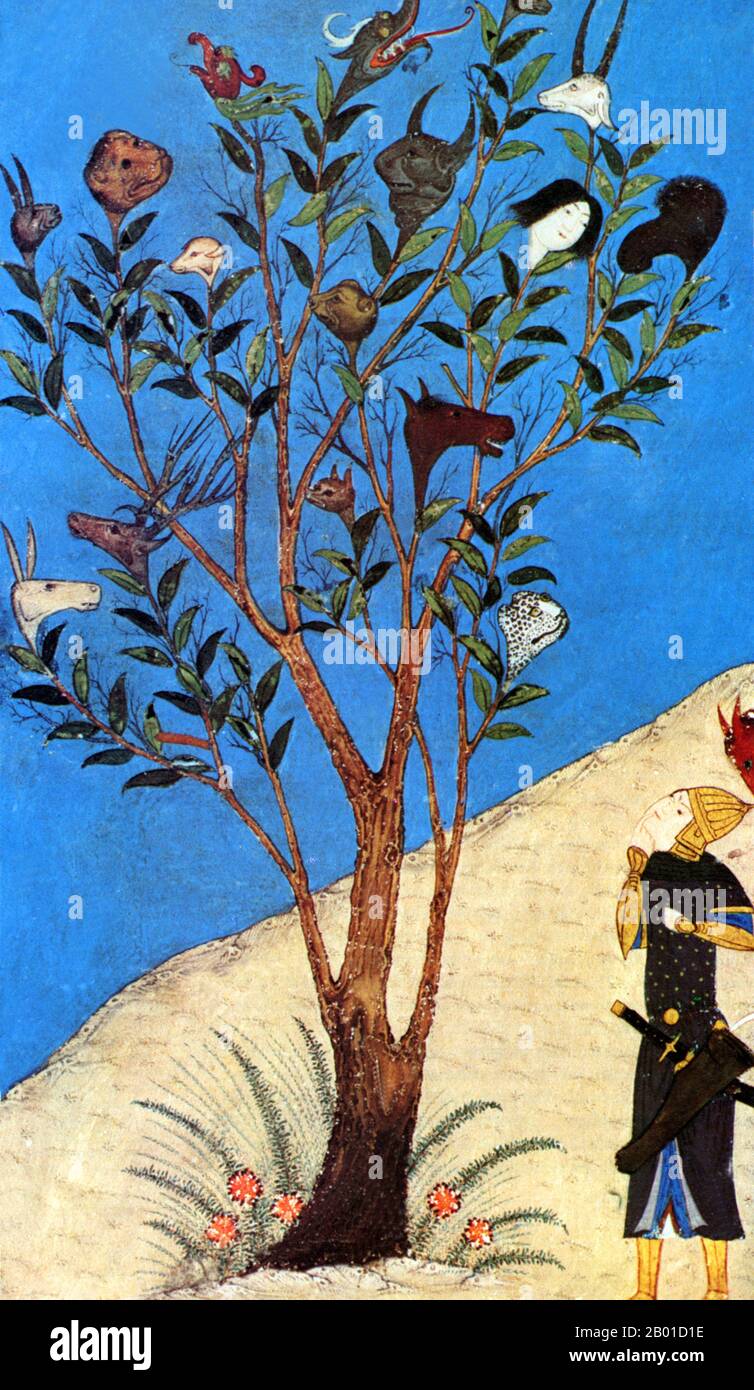 Iran: Alexander der große (Iskandar) am Talking Tree. Miniaturbild aus einer Timuriden Kopie von Firdausis Shahnameh, c. 1420-1425. Gegen Ende seiner Reisen kam Eskandar, oder Alexander der große, in eine Stadt am Rande der Welt. Die lokale Neugier war ein Baum mit zwei Stämmen sprechender Köpfe; der männliche Stamm sprach am Tag und das Weibchen in der Nacht. Fasziniert besuchte Eskandar den Baum und hörte eine Stimme, die seinen Tod prophezeite. Er wird hier in Verwirrung vor dem Baum stehend gezeigt, mit dem Finger an den Lippen. Stockfoto