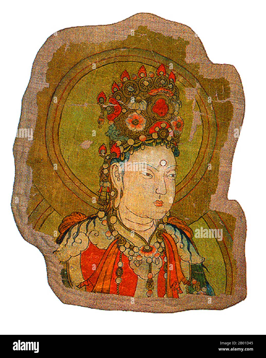 China: Seidenmalerei eines Bodhisattva, Khocho (Gaochang), Turpan Oase, Xinjiang, c. 9.-10. Century CE. Gaochang (Qara-hoja in Uigur) liegt in der heutigen Provinz Xinjiang, 30 km von Turpan entfernt. Die Website ist auch in frühen veröffentlichten Berichten als Chotscho, Khocho oder Qočo bekannt. Die archäologischen Überreste befinden sich etwas außerhalb der Stadt an einem Ort, der von den Anwohnern ursprünglich Idykut-schari oder Idikutschari genannt wurde. Die künstlerischen Denkmäler der Stadt wurden von Albert von Le Coq veröffentlicht. Gaochang wurde im 1.. Jahrhundert v. Chr. erbaut und war ein wichtiger Ort entlang der Seidenstraße. Stockfoto