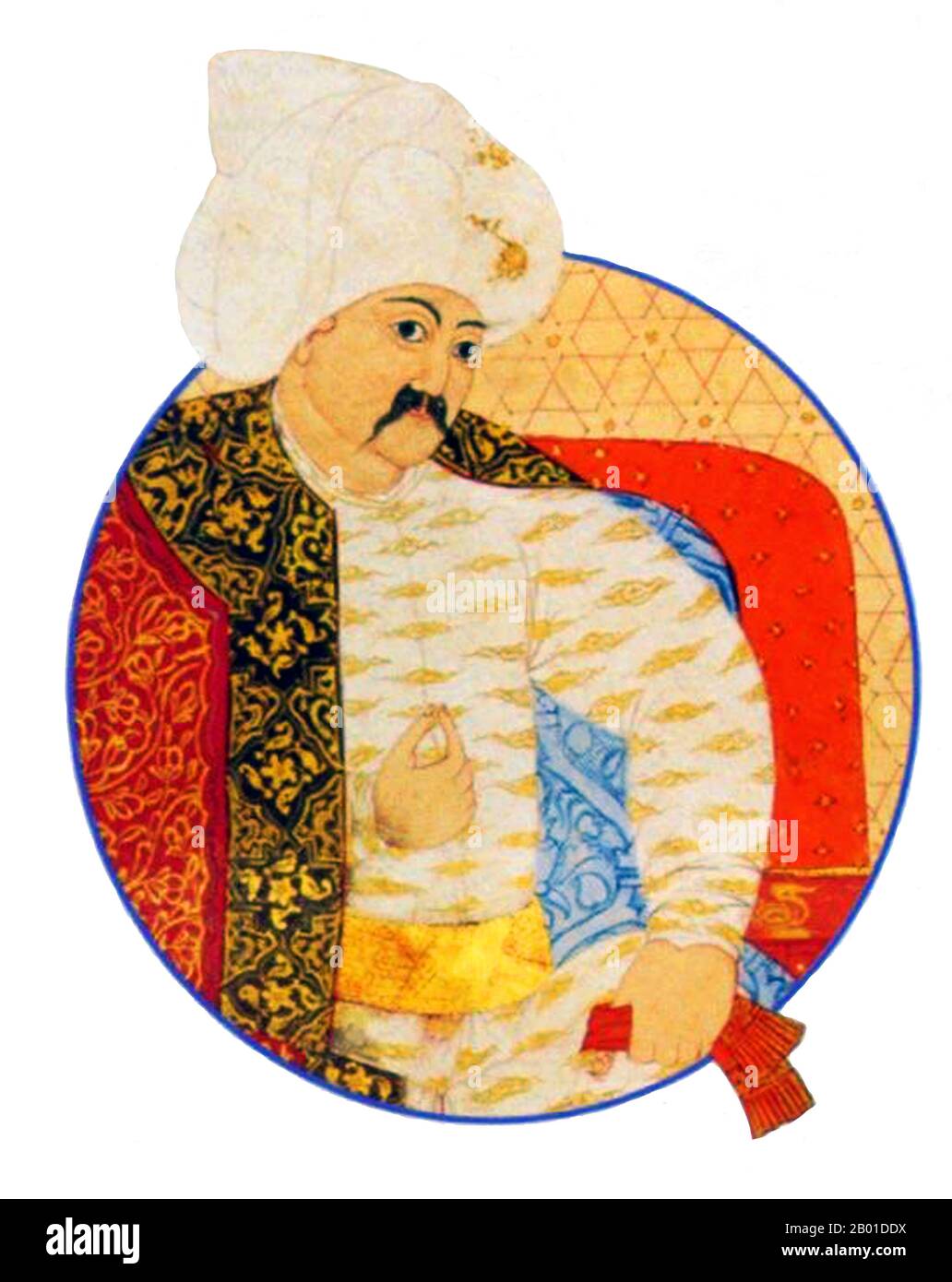 Türkei: Selim I., Sultan des Osmanischen Reiches (10. Oktober 1470 - 22. September 1520). Miniaturmalerei, ca. 1512-1520. Selim I, Yavuz Sultân Selim Khan, der den Spitznamen Yavuz 'The Stern' oder 'The Resolute' erhielt, aber häufig auf Englisch als 'The Grim' bezeichnet wurde, war von 1512 bis 1520 Sultan des Osmanischen Reiches. Er war auch der erste osmanische Sultan, der den Titel des Kalifen des Islam übernahm. 1517 erhielt er den Titel "Hâdim ül Haramain ish Sharifain" (Diener der heiligen Städte Mekka und Medina) von der Sharif von Mekka. Selim trug das Reich an die Führung des sunnitischen Zweiges des Islam. Stockfoto