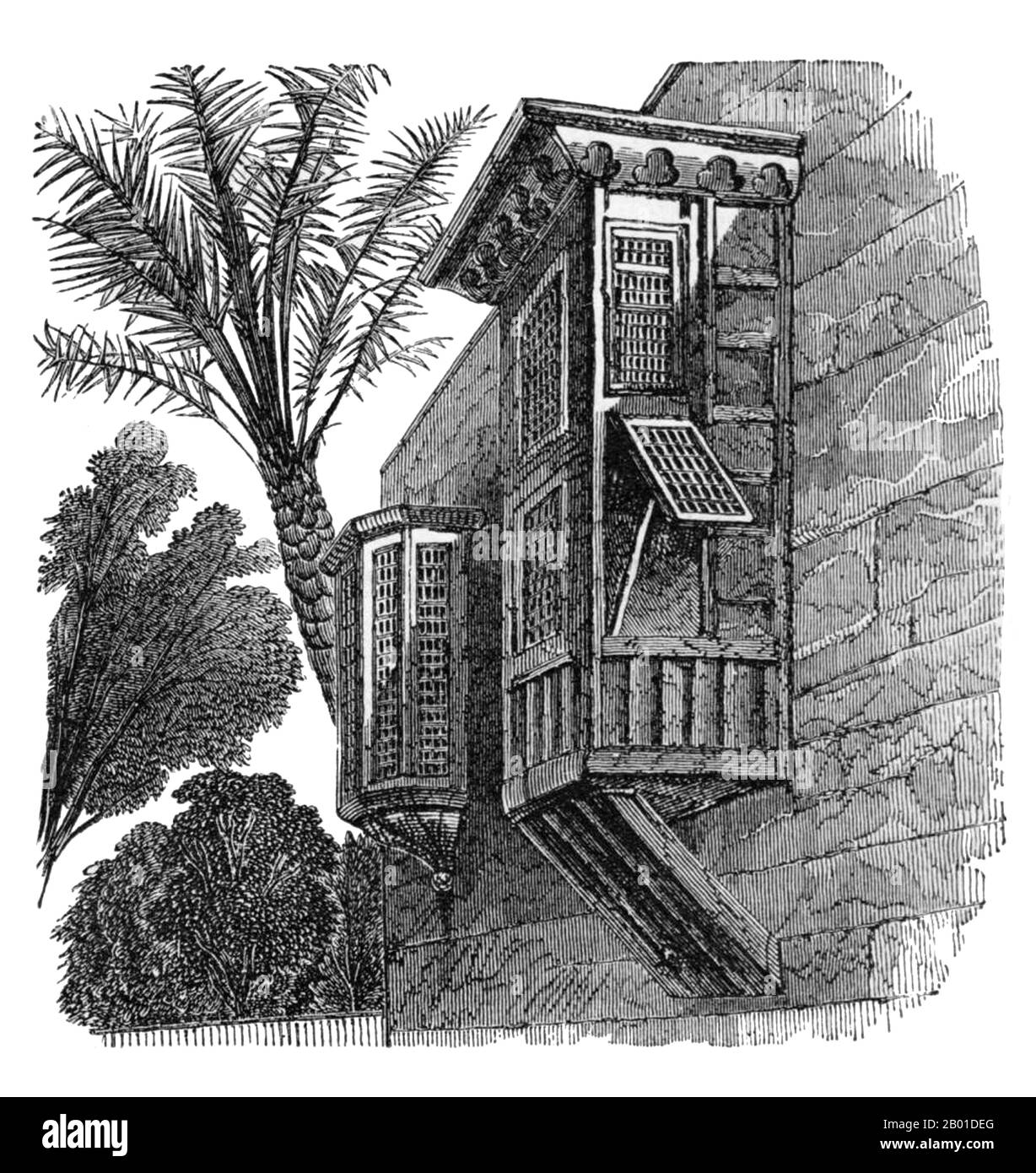 Ägypten: Abgeschirmte Fenster, dekoriert mit Arabesken in einem privaten Haus mit Dattelpalmen, Zeichnung aus dem späten 19.. Jahrhundert. Die Arabeske ist ein Element islamischer Kunst, das normalerweise an den Wänden und Fenstern von Moscheen und muslimischen Häusern und Gebäuden zu finden ist. Sie ist eine aufwändige Anwendung sich wiederholender geometrischer Formen, die häufig die Formen von Pflanzen, Formen und manchmal Tieren widerspiegeln. Die Wahl, welche geometrischen Formen verwendet werden sollen und wie sie formatiert werden sollen, basiert auf der islamischen Sicht der Welt. Stockfoto