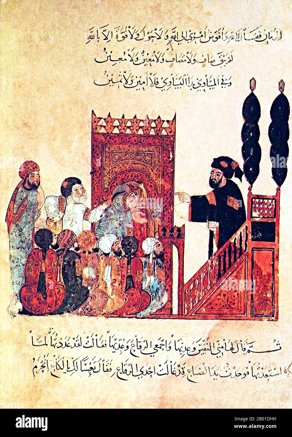 Irak/Arabien: Der Imam einer Moschee, die an versammelte Gläubige aus der Minbar oder Kanzel spricht. Miniatur von Yahya ibn Mahmud al-Wasiti (FL. 13.. Jahrhundert), 1237 CE. Yahyâ ibn Mahmûd al-Wâsitî war ein arabischer islamischer Künstler des 13.. Jahrhunderts. Al-Wasiti wurde in Wasit im Südirak geboren. Er war bekannt für seine Illustrationen des Maqam von al-Hariri. Maqāma (wörtlich „Assemblys“) sind ein (ursprünglich) arabisches literarisches Genre der reimten Prosa mit Intervallen der Poesie, in denen rhetorische Extravaganz auffällt. Der Autor Badī al-Zaman al-Hamadhāni aus dem 10.. Jahrhundert soll die Form erfunden haben. Stockfoto