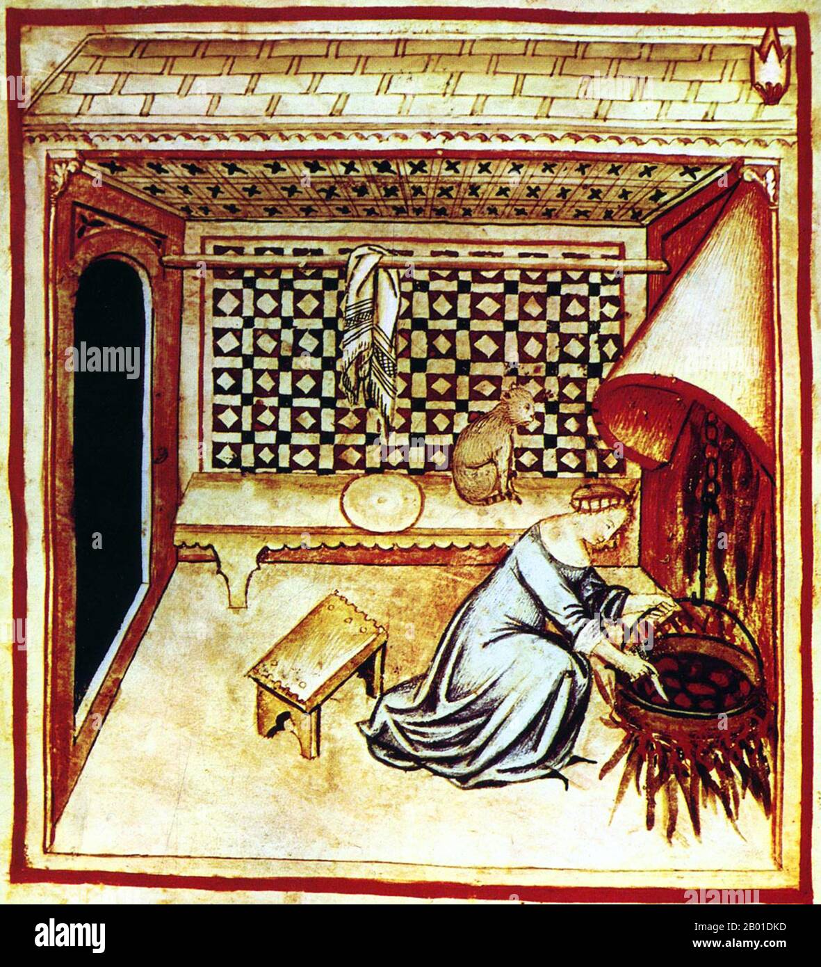 Irak/Italien: Braten von Lebensmitteln. Illustration aus Ibn Butlans Taqwim al-sihha oder „Erhaltung der Gesundheit“, veröffentlicht in Italien als die Tacuinum Sanitatis, 14.. Jahrhundert. Das Tacuinum (manchmal Taccuinum) Sanitatis ist ein mittelalterliches Handbuch über Gesundheit und Wohlbefinden, das auf dem Taqwim al-sihha basiert, einer arabischen medizinischen Abhandlung von Ibn Butlan aus Bagdad aus dem 11. Jahrhundert. Ibn Butlân war ein christlicher Arzt, geboren in Bagdad und starb 1068. Er legte sechs Elemente fest, die notwendig sind, um die tägliche Gesundheit zu erhalten. Stockfoto