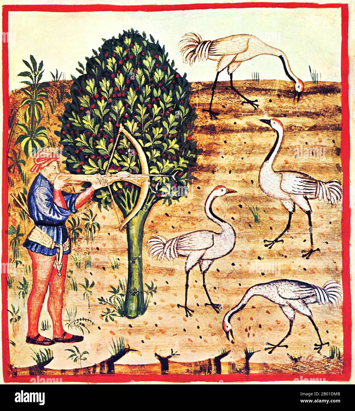 Irak/Italien: Vogeljagd mit Armbrust. Illustration aus Ibn Butlans Taqwim al-sihha oder „Erhaltung der Gesundheit“, veröffentlicht in Italien als die Tacuinum Sanitatis, 14.. Jahrhundert. Das Tacuinum (manchmal Taccuinum) Sanitatis ist ein mittelalterliches Handbuch über Gesundheit und Wohlbefinden, das auf dem Taqwim al-sihha basiert, einer arabischen medizinischen Abhandlung von Ibn Butlan aus Bagdad aus dem 11. Jahrhundert. Ibn Butlân war ein christlicher Arzt, geboren in Bagdad und starb 1068. Er legte sechs Elemente fest, die notwendig sind, um die tägliche Gesundheit zu erhalten. Stockfoto