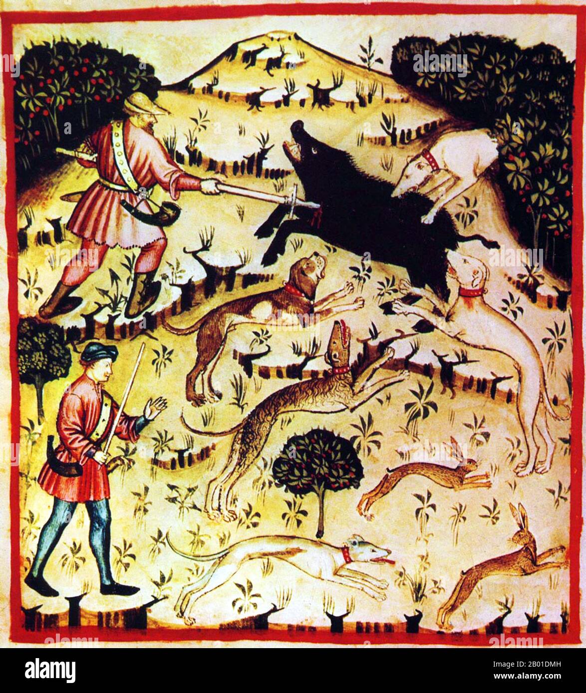 Irak/Italien: Wildschwein und Hasen mit Hunden und Speeren jagen. Illustration aus Ibn Butlans Taqwim al-sihha oder „Erhaltung der Gesundheit“, veröffentlicht in Italien als die Tacuinum Sanitatis, 14.. Jahrhundert. Das Tacuinum (manchmal Taccuinum) Sanitatis ist ein mittelalterliches Handbuch über Gesundheit und Wohlbefinden, das auf dem Taqwim al-sihha basiert, einer arabischen medizinischen Abhandlung von Ibn Butlan aus Bagdad aus dem 11. Jahrhundert. Ibn Butlân war ein christlicher Arzt, geboren in Bagdad und starb 1068. Er legte sechs Elemente fest, die notwendig sind, um die tägliche Gesundheit zu erhalten. Stockfoto