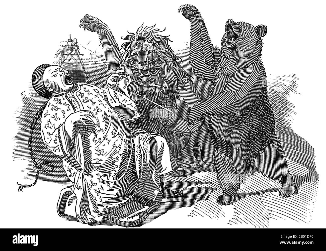 UK/China: 'The Open mouth; or, the Integrity of China', von Edward Linley Sambourne (1844-1910), Punch, 10. Mai 1899. Der britische Löwe: 'Schon gut, Johnny Chinaman. Wir sind zu einer freundschaftlichen Vereinbarung gekommen. Russischer Bär (angenehm): 'Wir werden euch einfallen'. Im Juni 1858 wurden in Tianjin (Tientsin) mehrere Dokumente unterzeichnet, die als "Tien-Tin-Vertrag" bekannt sind und den ersten Teil des Zweiten Opiumkriegs (1856-1860) beendeten. Das zweite französische Reich, Großbritannien, das russische Reich und die Vereinigten Staaten waren die beteiligten Parteien. Diese Verträge haben mehr chinesische Häfen für Ausländer geöffnet. Stockfoto