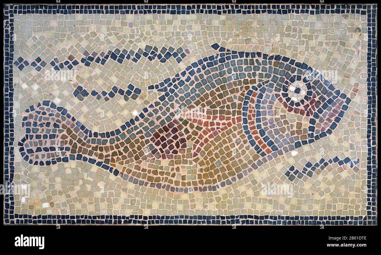 Tunesien: Mosaik eines Fischs aus Tunis, römische Epoche, c. 3.-5. Century CE. Ein Fischmosaik, das nach rechts zeigt, von einem unbekannten römischen Künstler, der in Tunis gefunden wurde. Der Fisch ist ein Fruchtbarkeitssymbol und wurde auch von Christen und Juden verwendet, um die Gläubigen zu bezeichnen. Stockfoto