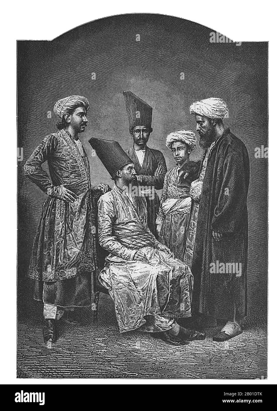Indien: "Parsees of Bombay". Holzgravierung aus einer Zeichnung von Emile Antoine Bayard (1837-1891), c. 1878. Der Zusammenbruch des persischen Sassanid-Reiches im 7. Jahrhundert CE führte dazu, dass die Staatsreligion vom Zoroastrianismus zum Islam wechselte. Der Zoroastrianismus entwickelte sich langsam von der Religion der meisten im Iran zu einer verfolgten Minderheit. Für das Überleben ihres Glaubens und ihres Lebens entschied sich eine große Zahl von Zoroastriern, auszuwandern. Nach Angaben des Qissa-i Sanjan landete eine Gruppe dieser Flüchtlinge im heutigen Gujarat in Indien, wo ihnen größere Freiheit bei der Einhaltung ihrer alten Bräuche gewährt wurde. Stockfoto