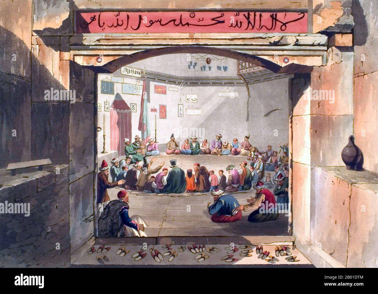 Türkei/Osmanisches Reich: "Tanz der Derwische". Aquarellmalerei von Edward Dodwell (30. November 1767 bis 13. Mai 1832), 1821. Edward Dodwell war ein irischer Maler, Reisender und Schriftsteller für Archäologie. Dodwell reiste von 1801 bis 1806 nach Griechenland (damals Teil des Osmanischen Reiches) und verbrachte den Rest seines Lebens größtenteils in Italien, in Neapel und Rom. Ein Derwisch ist jemand, der einen sufi-muslimischen asketischen Weg oder „Tariqah“ betritt, der (theoretisch) für seine extreme Armut und Sparsamkeit bekannt ist, ähnlich wie die verlogenen Fürsten im Christentum oder Hindu-/Buddhistischen/Jain-Sadhus. Stockfoto