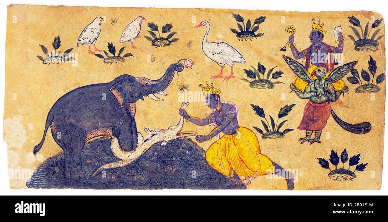 Indien: Vishnu rettet den König der Elefanten, Gajendramoksha, aus einer Makara. Aquarellmalerei, Himachal Pradesh, c. 1675. Gajendra Moksha ist eine puranische Legende von Bhagavata Purana. Lord Vishnu kam auf die Erde, um Gajendra (Elefant) vor den Todesklammern von Makara (Krokodil) zu schützen. Gajendra war der König der Elefanten. Eines heißen Tages ging er mit seiner Familie zum See, um sich abzukühlen. Aber aus dem See tauchte ein Krokodil auf, das ihn Angriff und ihn nicht loslassen wollte. Als die Verwandten sahen, dass der „Tod“ näher kam, ließen sie ihn im Stich. Gajendra betete zu Vishnu, der ihn rettete. Stockfoto