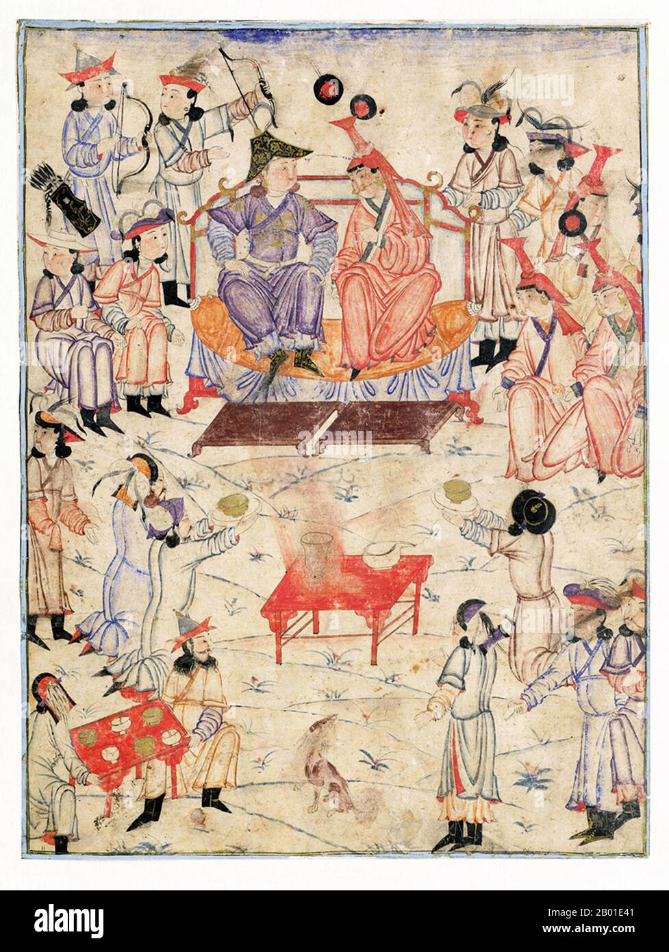 Iran/Mongolei: Ein mongolischer Khan und Khatun, umgeben vom Gericht, mit männlichen Verwandten des Herrschers rechts, seinen weiblichen Verwandten links und seinen Höflingen vorne. Abbildung aus Rashid al-DIN Hamadani's (1235-1318) Jami al-tawarikh, c. 1305. Das Jāmiʿ al-tawārīkh („Kompendium der Chroniken“) ist ein iranisches Literatur- und Geschichtswerk, das von Rashid al-DIN Hamadani zu Beginn des 14. Jahrhunderts geschrieben wurde und als die bedeutendste einzige Informationsquelle über die Ilchanatenzeit und das Mongolische Reich gilt. Rashid war Staatsmann, Historiker und Arzt im Ilchanate Iran Stockfoto