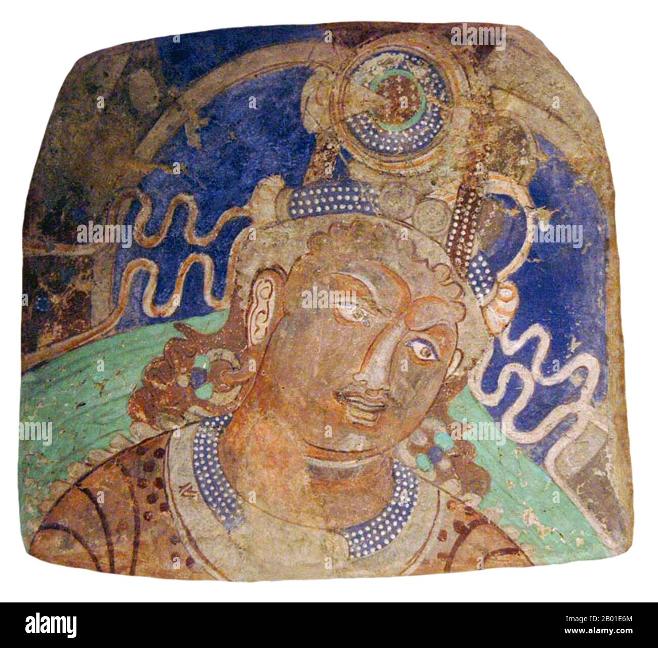 China: Portrait of a Malla Prince, Kizil Thousand Buddha Caves, Xinjiang, c. 417-435 CE. Die Kizil-Höhlen (auch romanisierte Qizil-Höhlen, Schreibvariante Qyzyl; Uigur: Qizil Ming Öy; Chinesen: 克孜尔千佛洞; Pinyin: Kèzīěr Qiānfú Dòng; wörtlich „Kizil-Höhle der tausend Buddhas“) sind eine Reihe von 236 buddhistischen Felshöhlen in der Nähe der Stadt Kizil (克孜尔乡) in Baiicheng, China. Der Standort befindet sich am nördlichen Ufer des Muzat, 75 Kilometer nordwestlich von Kucha (Kuqa). Diese Gegend war ein Handelszentrum der Seidenstraße. Stockfoto