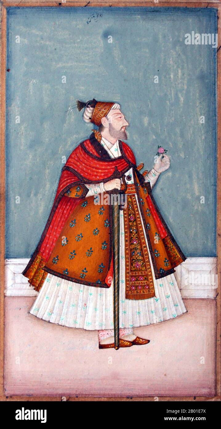 Indien: Sultan Abul Hasan 'Tana Shah' (1600-1699), Qutb Shahi Herrscher von Golconda (r. 1672-1687). Miniaturmalerei, c. 18.-19. Jahrhundert. Abul Hasan Qutb Shah war der achte und letzte Herrscher der Qutb Shahi Dynastie, der das Königreich Golconda in Südindien regierte. 1687 leitete der Mogul-Kaiser Aurangzeb eine Kampagne, um die Herrschaft der Mogul in Golconda wieder zu etablieren. Tana Shah verteidigte das Fort acht Monate lang, aber Aurangzeb gelang es, Golconda im September 1687 zu fangen. Abul Hasan Qutb Shah hat sich ergeben und seine Diamantensammlung übergeben, was Aurangzeb zum reichsten Monarchen der Welt machte. Stockfoto