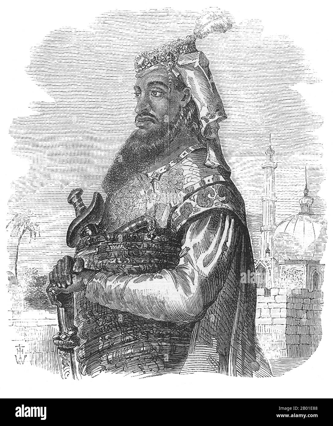 Indien: Nana Sahib, Unabhängigkeitskämpferin und Held der anti-britischen "Indianermutterei" oder der indischen Rebellion von 1857. Gravur aus den illustrierten London News, 1857. Nana Saheb Peshwa II (19. Mai 1824 - ca. 24. September 1859), geboren als Dhondu Pant, war während des anti-britischen Aufstiegs von 1857 eine indische Anführerin. Als Adoptivsohn des im Exil lebenden Maratha Peshwa Baji Rao II. Versuchte er, die Maratha-Konföderation und die Peshwa-Tradition wiederherzustellen. Nach der Niederlage des Aufstands verschwand Nana Sahib im Naimisha Forest in Nepal, und sein Schicksal ist nicht bekannt. Stockfoto