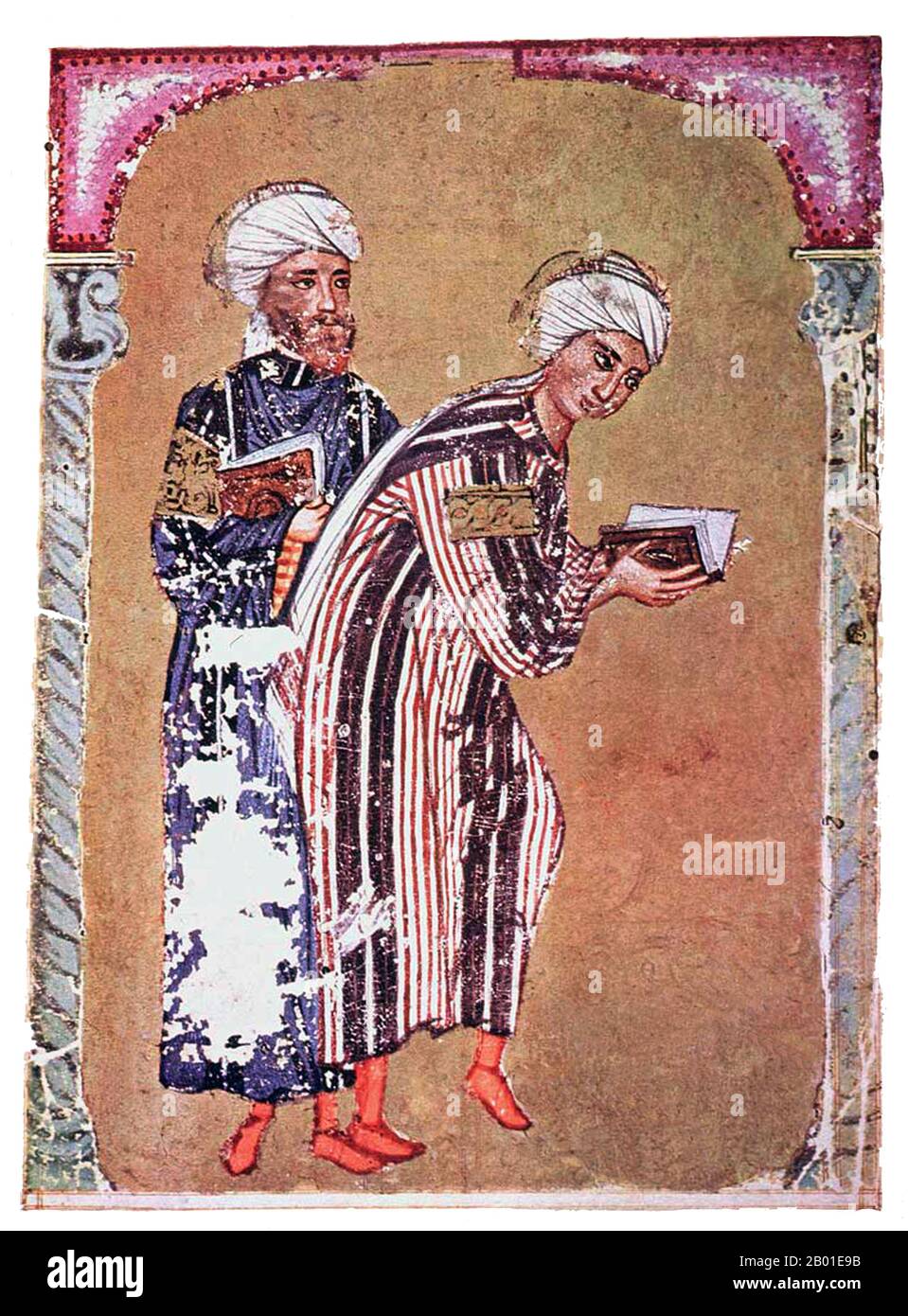 Syrien/Türkei: "Zwei Studenten". Miniaturgemälde aus einer syrischen Kopie von Dioscorides' De materia Medica', Topkapi Saray, Istanbul, 1229. Pedanius Dioscorides (c. 40-90 CE) war ein griechischer Arzt, Pharmakologe und Botaniker, Autor einer 5-Band-Enzyklopädie über pflanzliche Medizin und verwandte Arzneimittel (ein Arzneibuch), die weit über tausend Jahre lang gelesen wurde. Ein Einheimischer aus Anazarbus, Cilicia, praktizierte in Rom zur Zeit von Nero. Er war Chirurg bei der Armee des Kaisers, also hatte er die Möglichkeit, viel zu reisen und sein medizinisches Wissen zu erweitern. Stockfoto