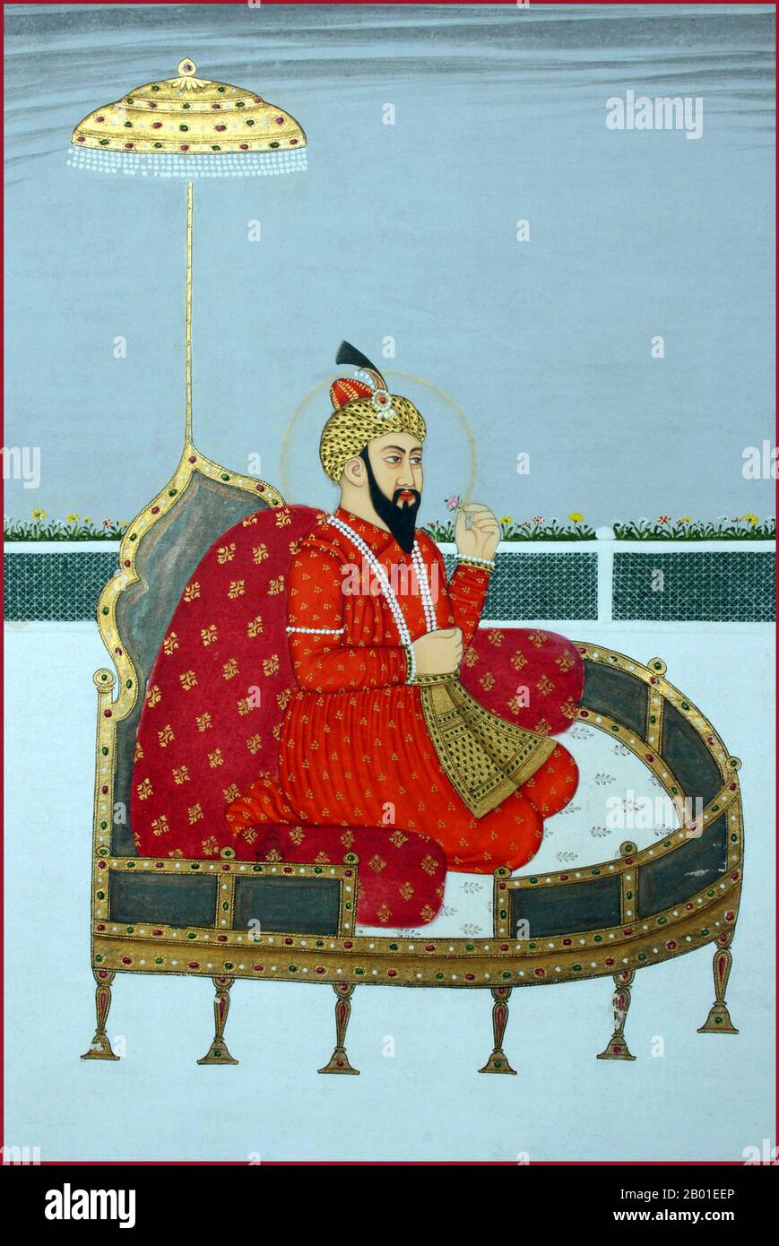 Indien: Zahir ud-din Muhammad Babur (1483-1531) der erste Mogul-Kaiser. Miniaturmalerei, ca. 18. Jahrhundert. Zahir-din Muhammad Babur war ein muslimischer Eroberer aus Zentralasien, dem es nach einer Reihe von Rückschlägen endlich gelungen ist, die Grundlage für die Mogul-Dynastie Südasiens zu schaffen. Er war ein direkter Nachkomme von Timur durch seinen Vater und ein Nachkomme von Dschingis Khan durch seine Mutter. Babur identifizierte seine Abstammung als Timurid und Chaghatay-Turkic, während seine Herkunft, sein Milieu, seine Ausbildung und seine Kultur von der persischen Kultur durchdrungen waren. Stockfoto