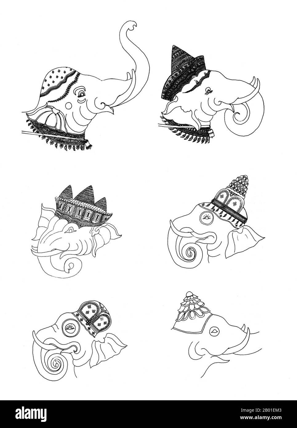 Kambodscha: Strichzeichnung aufwendiger Elefantendekorationen von Angkor Wat und der Bayon, 1927. Angkor Wat wurde Anfang des 12. Jahrhunderts für König Suryavarman II (r. 1113-1150) als sein Staatstempel und seine Hauptstadt erbaut. Als der am besten erhaltene Tempel an der Angkor-Stätte ist er der einzige, der seit seiner Gründung ein bedeutendes religiöses Zentrum geblieben ist – zuerst Hindu, dem gott Vishnu gewidmet, dann Buddhist. Es ist das größte religiöse Gebäude der Welt. Der Tempel befindet sich an der Spitze des klassischen Stils der Khmer-Architektur. Stockfoto