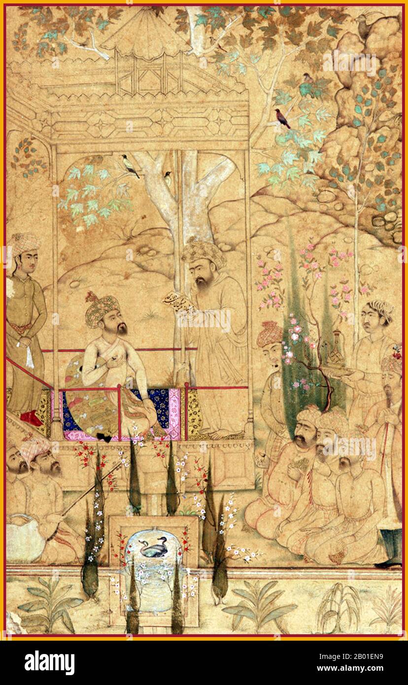 Indien: Zahir ud-din Muhammad Babur (1483-1531), der erste Mogul-Kaiser, mit Begleitern in einem Gartenpavillon. Aquarellmalerei, c. 1605. Zahir-din Muhammad Babur war ein muslimischer Eroberer aus Zentralasien, dem es nach einer Reihe von Rückschlägen endlich gelungen ist, die Grundlage für die Mogul-Dynastie Südasiens zu schaffen. Er war ein direkter Nachkomme von Timur durch seinen Vater und ein Nachkomme von Dschingis Khan durch seine Mutter. Babur identifizierte seine Abstammung als Timurid und Chaghatay-Turkic, während seine Herkunft, sein Milieu, seine Ausbildung und seine Kultur von der persischen Kultur durchdrungen waren. Stockfoto