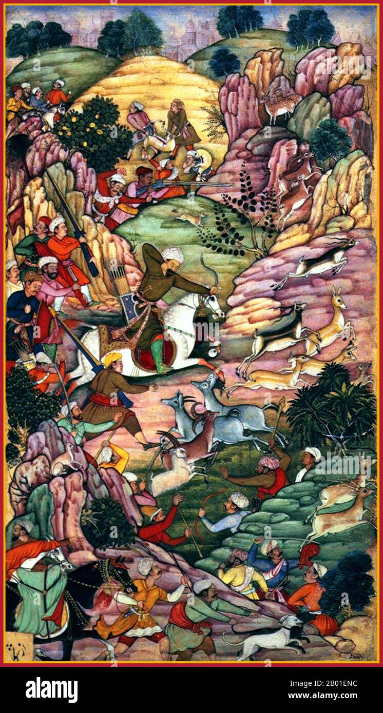 Indien: Zahir ud-din Muhammad Babur (1483-1531), der erste Mogul-Kaiser, jagt Hirsche in der Nähe von Kabul. Miniaturgemälde aus Babur-namah, c. 1590. Zahir-din Muhammad Babur war ein muslimischer Eroberer aus Zentralasien, dem es nach einer Reihe von Rückschlägen endlich gelungen ist, die Grundlage für die Mogul-Dynastie Südasiens zu schaffen. Er war ein direkter Nachkomme von Timur durch seinen Vater und ein Nachkomme von Dschingis Khan durch seine Mutter. Babur identifizierte seine Abstammung als Timurid und Chaghatay-Turkic, während seine Herkunft, sein Milieu, seine Ausbildung und seine Kultur in der persischen Kultur verwurzelt waren. Stockfoto