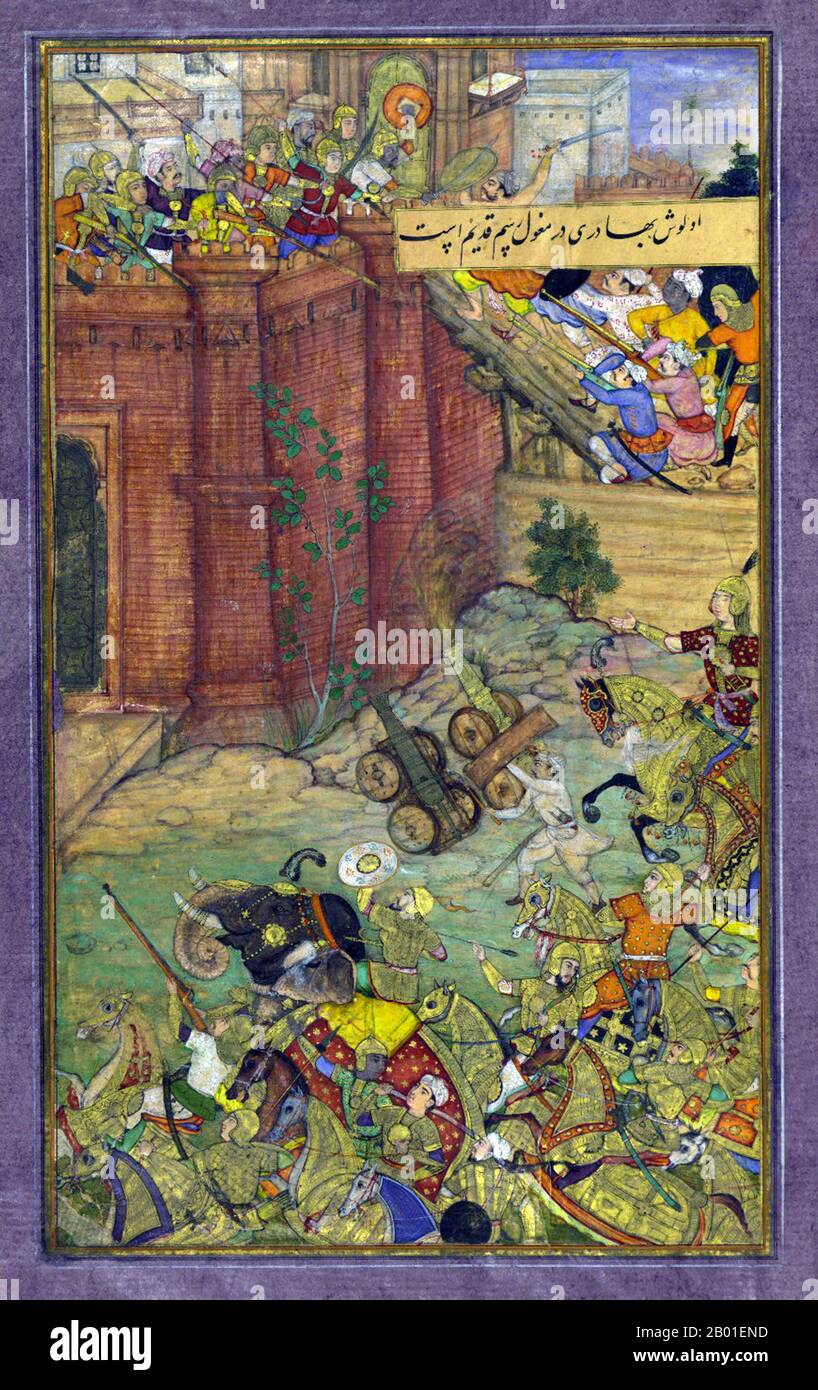 Indien: Zahir ud-din Muhammad Babur (1483-1531), der erste Mogul-Kaiser, bei der Belagerung von Isfarah. Miniaturgemälde aus dem Baburnama, c. 1590. Bāburnāma (wörtlich: "Buch von Babur" oder "Briefe von Babur"; auch bekannt als Tuzk-e Babri) ist der Name, der den Memoiren von Ẓahīr ud-Dīn Muḥammad Bābur, Gründer des Mogul-Reiches und Ururururenkel von Timur, gegeben wurde. Es handelt sich um ein autobiographisches Werk, ursprünglich in der Sprache Chagatai geschrieben, das Babur als „Turki“ (d. h. Turkisch), die gesprochene Sprache der Andischan-Timuriden, bekannt ist. Stockfoto