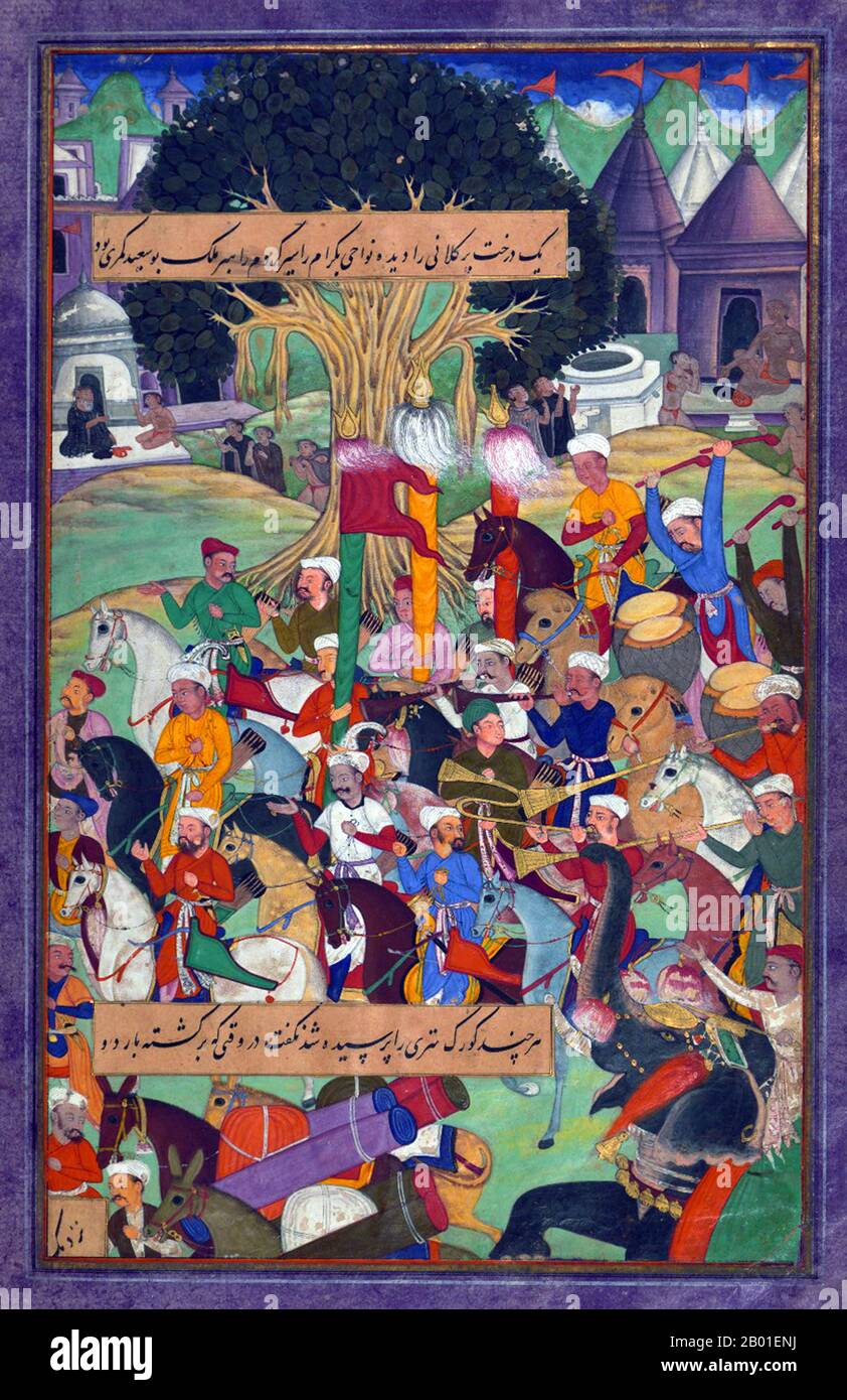 Indien: Babur erkundet Bagram mit Hilfe seines Reiseleiters Malik Bū Saʿīd Kamarī auf dem Weg zu den Hindustan-Lagern in Jām. Miniaturgemälde aus dem Baburnama, Ende des 16. Jahrhunderts. Bāburnāma (wörtlich: "Buch von Babur" oder "Briefe von Babur"; auch bekannt als Tuzk-e Babri) ist der Name, der den Memoiren von Ẓahīr ud-Dīn Muḥammad Bābur (1483-1530), dem Gründer des Mogul-Reiches und Ururururensohn von Timur, gegeben wurde. Es handelt sich um ein autobiographisches Werk, ursprünglich in der Sprache Chagatai geschrieben, das Babur als „Turki“ (d. h. Turkisch), die gesprochene Sprache der Andischan-Timuriden, bekannt ist. Stockfoto