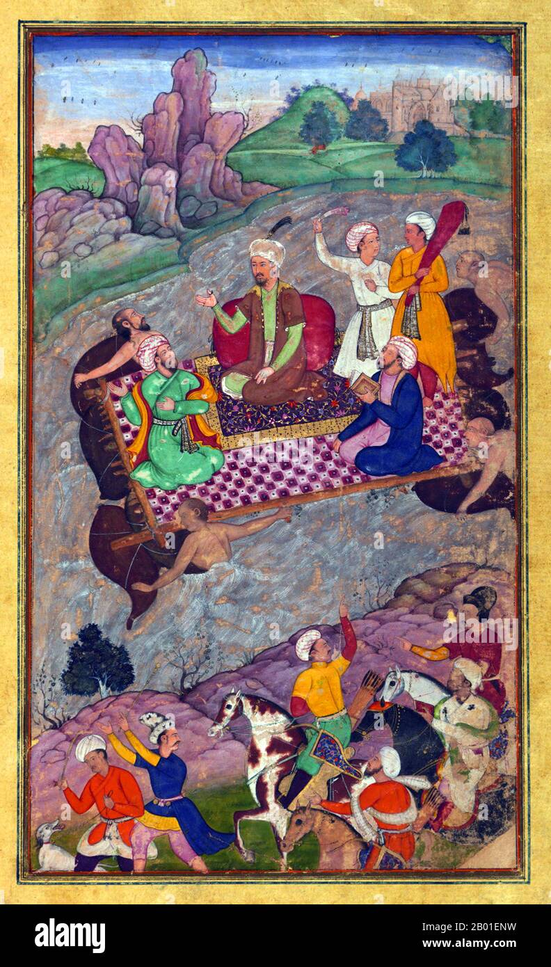 Indien: Babur reitete während seines zweiten Hindustan-Wahlkampfes ein Floß von Kunar zurück nach Atar, wo er sein Lager auflegte. Miniaturgemälde aus dem Baburnama, Ende des 16. Jahrhunderts. Bāburnāma (wörtlich: "Buch von Babur" oder "Briefe von Babur"; auch bekannt als Tuzk-e Babri) ist der Name, der den Memoiren von Ẓahīr ud-Dīn Muḥammad Bābur (1483-1530), dem Gründer des Mogul-Reiches und Ururururensohn von Timur, gegeben wurde. Es handelt sich um ein autobiographisches Werk, ursprünglich in der Sprache Chagatai geschrieben, das Babur als „Turki“ (d. h. Turkisch), die gesprochene Sprache der Andischan-Timuriden, bekannt ist. Stockfoto