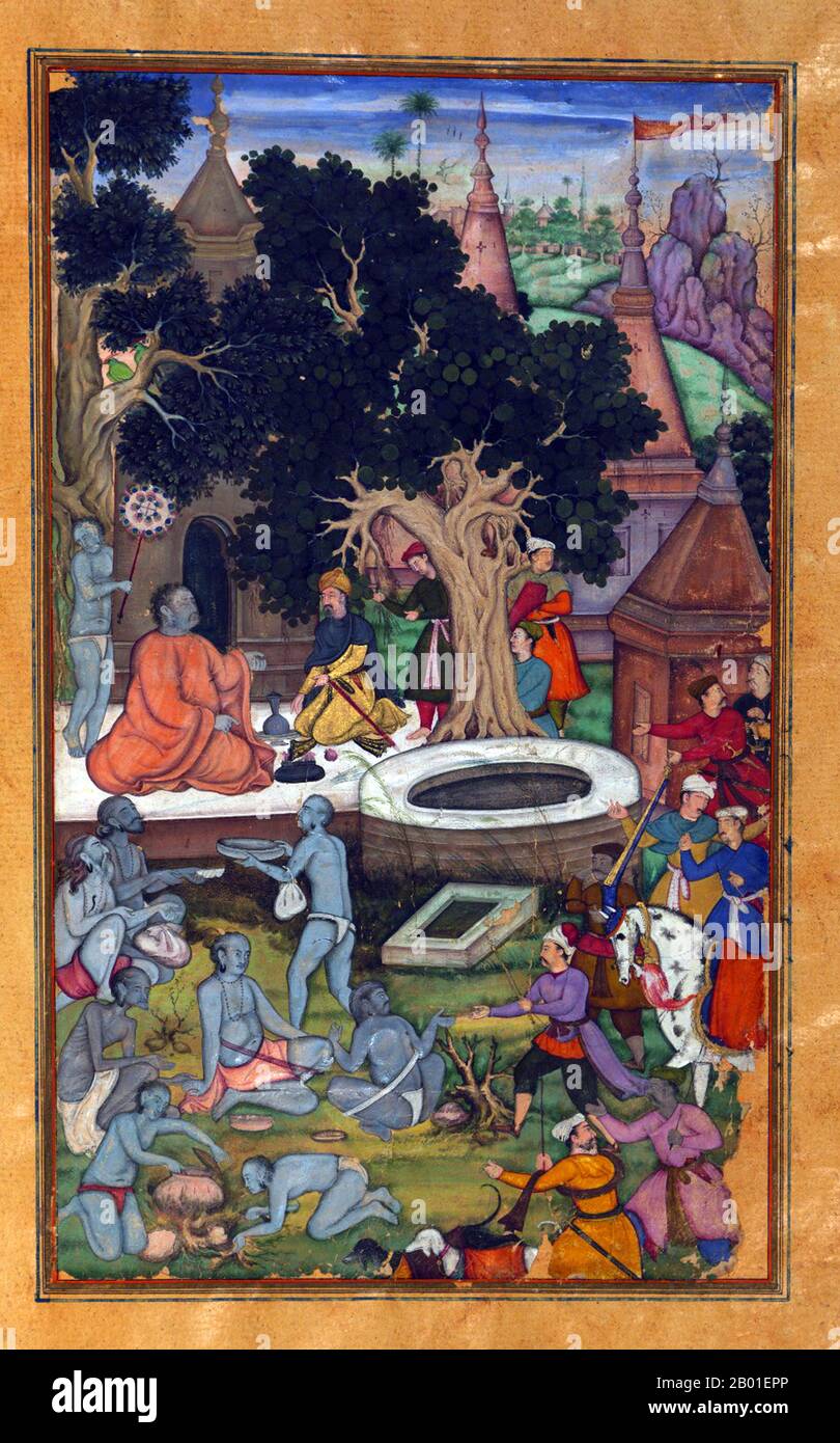 Indien: Babur und seine Krieger besuchen den hinduistischen Tempel Gurh Kerivas (Kūr Katrī) in Bigram. Miniaturgemälde aus dem Baburnama, Ende des 16. Jahrhunderts. Bāburnāma (wörtlich: "Buch von Babur" oder "Briefe von Babur"; auch bekannt als Tuzk-e Babri) ist der Name, der den Memoiren von Ẓahīr ud-Dīn Muḥammad Bābur (1483-1530), dem Gründer des Mogul-Reiches und Ururururensohn von Timur, gegeben wurde. Es handelt sich um ein autobiographisches Werk, ursprünglich in der Sprache Chagatai geschrieben, das Babur als „Turki“ (d. h. Turkisch), die gesprochene Sprache der Andischan-Timuriden, bekannt ist. Stockfoto