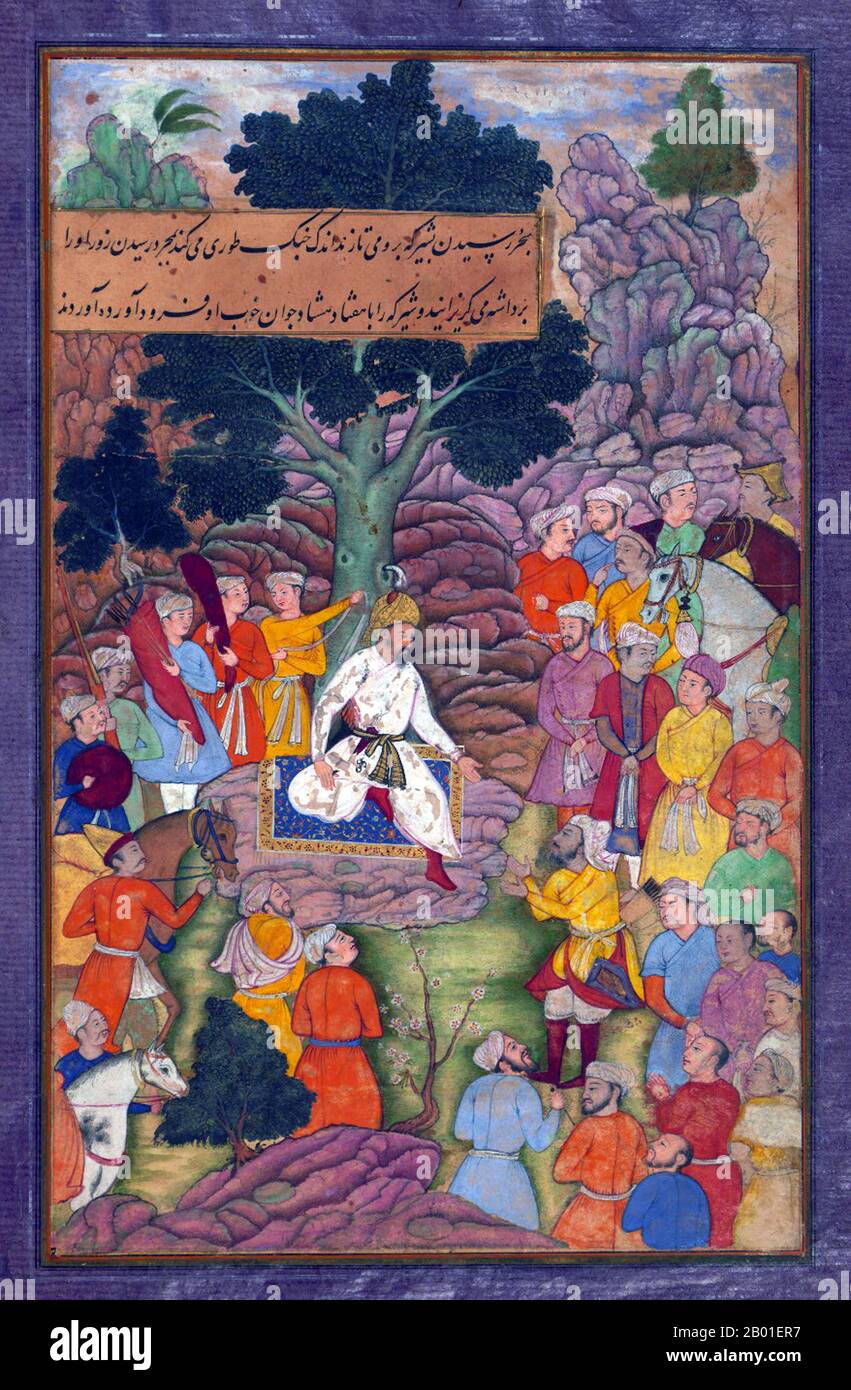 Indien: Babur und seine Armee im Sinjid-Tal marschieren in Richtung Kabul. Miniaturgemälde aus dem Baburnama, Ende des 16. Jahrhunderts. Bāburnāma (wörtlich: "Buch von Babur" oder "Briefe von Babur"; auch bekannt als Tuzk-e Babri) ist der Name, der den Memoiren von Ẓahīr ud-Dīn Muḥammad Bābur (1483-1530), dem Gründer des Mogul-Reiches und Ururururensohn von Timur, gegeben wurde. Es handelt sich um ein autobiographisches Werk, ursprünglich in der Sprache Chagatai geschrieben, das Babur als „Turki“ (d. h. Turkisch), die gesprochene Sprache der Andischan-Timuriden, bekannt ist. Stockfoto