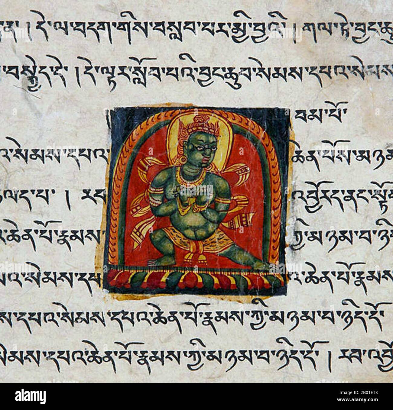 China/Tibet: Abschnitt aus einem beleuchteten Manuskript, c. 12.-13. Jahrhundert. Das tibetische Alphabet ist eine Abugida indischer Herkunft, die sowohl die tibetische Sprache als auch die Dzongkha-Sprache, Denzongkha, Ladakhi und manchmal die Balti-Sprache schreibt. Die gedruckte Schrift des Alphabets heißt uchen script (Tibetisch: དབུ་ཅན་; Wylie: dbu-can; 'mit Kopf'), während die handgeschriebene kursive Schrift, die im Alltag verwendet wird, umê heißt (Tibetisch: དབུ་མེད་; Wylie: dbu-med; 'kopflose'). Das Alphabet ist eng mit einer breiten tibetischen Identität verbunden. Stockfoto