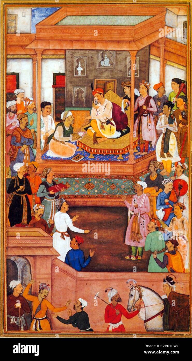 Indien: Abu'l-Fazl ibn Mubarak präsentiert dem Mogul-Kaiser Akbar die Akbarnama. Miniaturmalerei von Govardhan (Reihe 1596-1640), c. 1603-1605. Akbar (25. Oktober 1542 bis 27. Oktober 1605), auch bekannt als Shahanshah Akbar-e-Azam oder Akbar der große, war der dritte Mogul-Kaiser. Er war von timuridem Abstammung; der Sohn von Kaiser Humayun und der Enkel von Kaiser Babur, dem Herrscher, der die Mogul-Dynastie in Indien gründete. Am Ende seiner Herrschaft im Jahr 1605 erstreckte sich das Mogul-Reich über den größten Teil des nördlichen und mittleren Indiens. Akbar war 13 Jahre alt, als er den Mogul-Thron in Delhi bestieg. Stockfoto