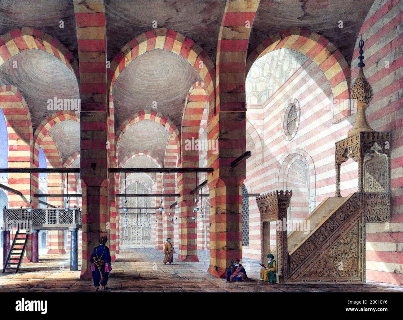 Ägypten: Blick auf das Innere der Moschee von Sultan al-Zahir Barquq, Kairo. Malerei von Pascal Coste (26. November 1787 bis 8. Februar 1879), c. 1839. Die Moschee von Sultan al-Zahir Barquq umfasst ein Madrasa- oder islamisches Seminar und eine Sufi khanqah in ihren Bezirken. Es wurde zwischen 1384 und 1386 CE gebaut. Der Architekt Shihab al DIN Ahmad ibn Muhammad al Tuluni, der einer Familie von Hofarchitekten und Gutachtern angehörte, war für einen Teil des Baus verantwortlich. Stockfoto