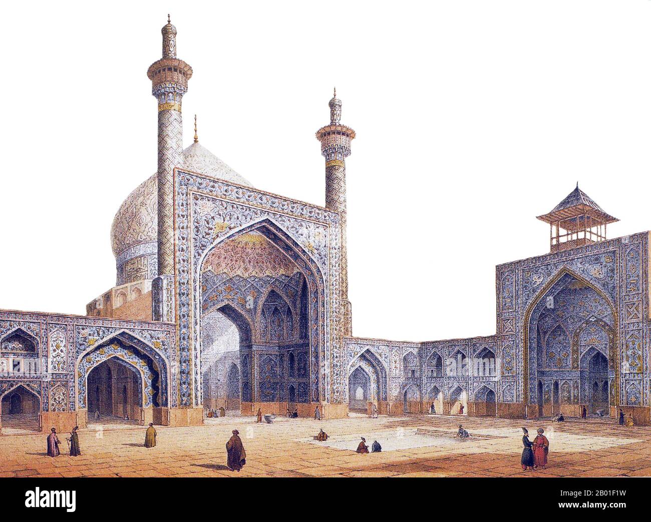 Iran/Persien: Innenhof der Masjid-i-Shah-Moschee, Isfahan. Gemälde von Pascal Coste (26. November 1787 bis 8. Februar 1879), 1867. Xavier Pascal Coste war französischer Architekt. Sein Vater war einer der führenden Mitarbeiter in Marseille. Pascal zeigte intellektuelle und künstlerische Versprechungen und begann sein Studium im Studio von Penchaud, dem Architekten des Departements und der stadtverwaltung. 1814 wurde er in die Ecole des Beaux-Arts in Paris aufgenommen. Seine Zeit in Paris war eine entscheidende Zeit in seinem Leben - dort traf er den Geografen Edme Francois Jomard, der ihn mit dem Vizekönig Ägyptens in Kontakt brachte. Stockfoto