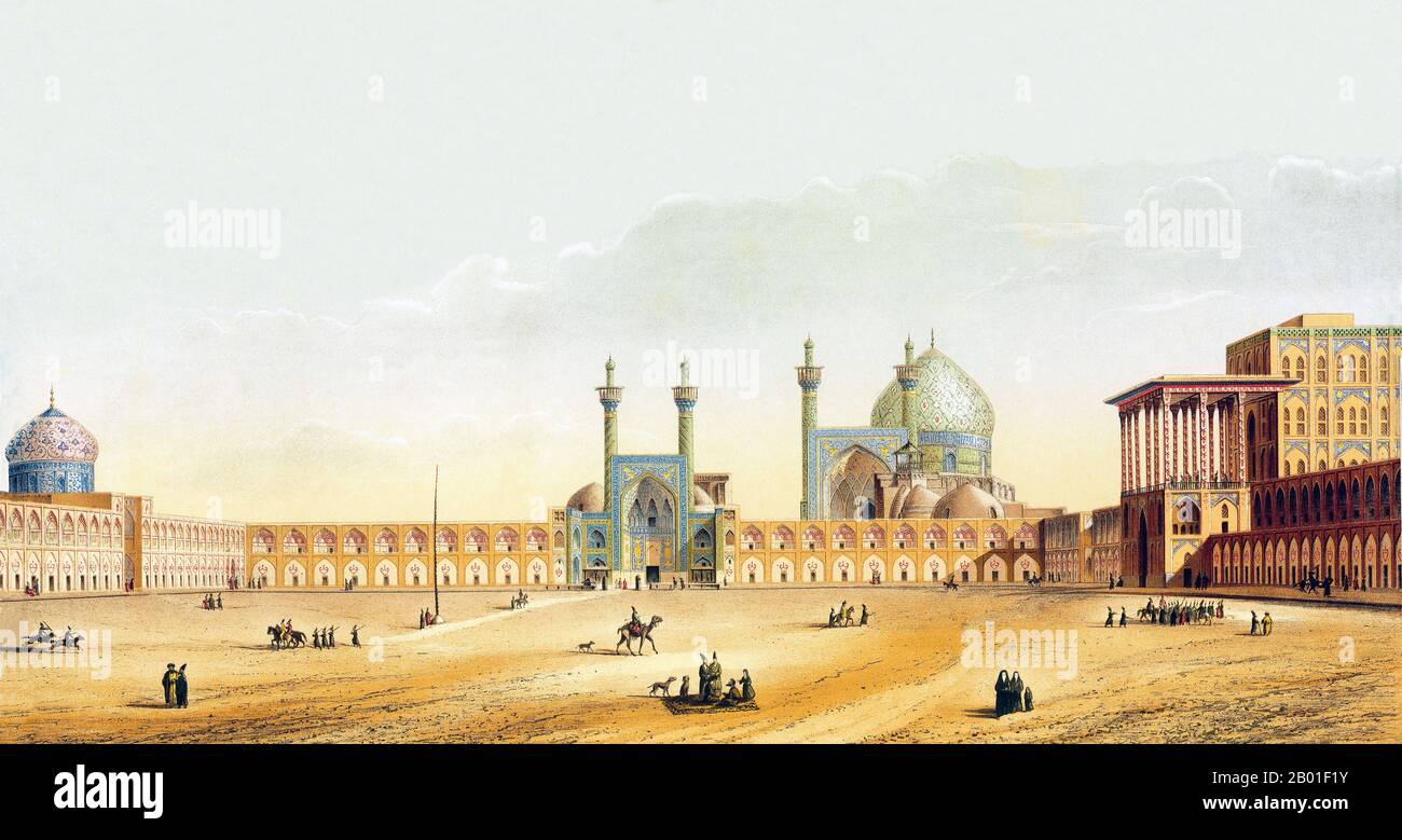 Iran/Persien: Blick auf den Meidan-E-Shah Square, Isfahan. Malerei von Pascal Coste (26. November 1787 bis 8. Februar 1879), c. 1839-1841. Xavier Pascal Coste war französischer Architekt. Sein Vater war einer der führenden Mitarbeiter in Marseille. Pascal zeigte intellektuelle und künstlerische Versprechungen und begann sein Studium im Studio von Penchaud, dem Architekten des Departements und der stadtverwaltung. 1814 wurde er in die Ecole des Beaux-Arts in Paris aufgenommen. Seine Zeit in Paris war eine entscheidende Zeit in seinem Leben - dort traf er den Geografen Edme Francois Jomard, der ihn mit dem Vizekönig Ägyptens in Kontakt brachte. Stockfoto