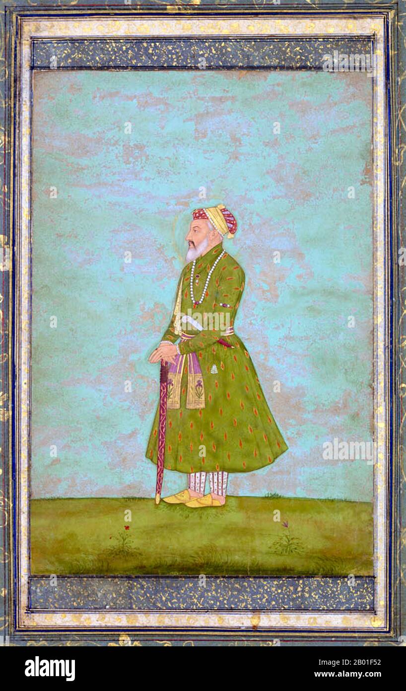 Indien: Mogul-Kaiser Shah Jahan (5. Januar 1592 - 22. Januar 1666) als älterer Mann. Aquarellgemälde, Ende des 17. Jahrhunderts. Shah Jahan war von 1628 bis 1658 Kaiser des Mogul-Reiches auf dem indischen Subkontinent. Der Name Shah Jahan stammt aus Persisch und bedeutet „König der Welt“. Er war der fünfte Mogul-Kaiser nach Babur, Humayun, Akbar und Jahangir. Die Zeit seiner Herrschaft war das goldene Zeitalter der Mogul-Architektur. Shahanshah Shah Jahan errichtete viele herrliche Denkmäler, von denen das berühmteste das legendäre Taj Mahal in Agra ist, das als Grab für seine Frau, Kaiserin Mumtaz Mahal, errichtet wurde. Stockfoto