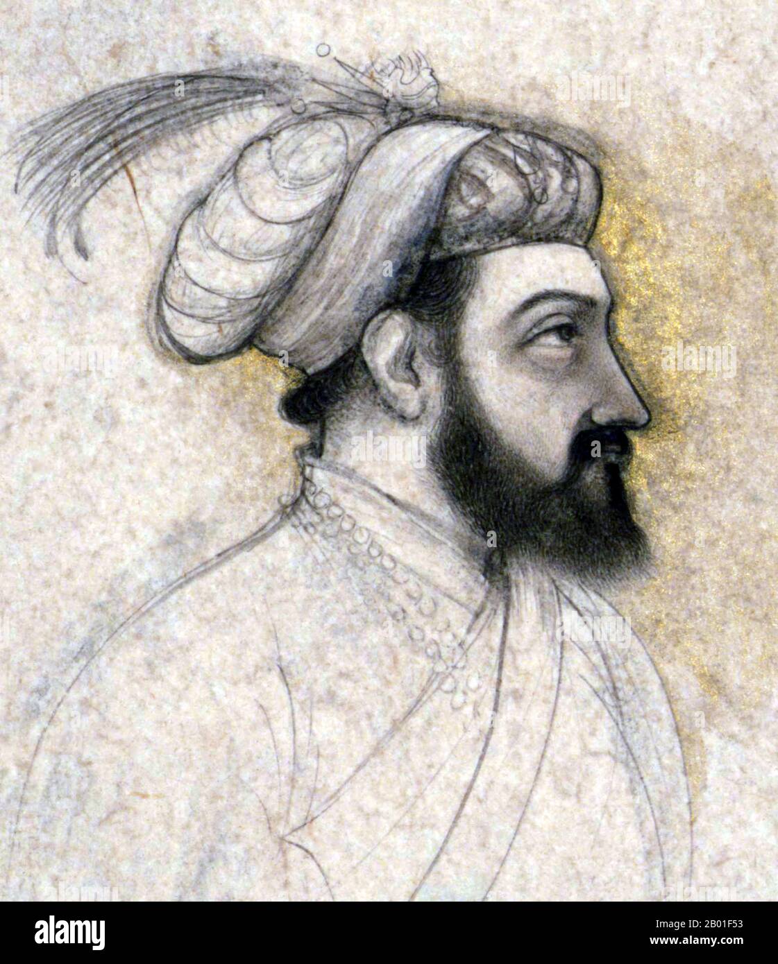 Indien: Portrait des Mogul-Kaisers Shah Jahan (5. Januar 1592 - 22. Januar 1666) eines unbekannten indischen Künstlers, Mitte des 17. Jahrhunderts. Shah Jahan war von 1628 bis 1658 Kaiser des Mogul-Reiches auf dem indischen Subkontinent. Der Name Shah Jahan stammt aus Persisch und bedeutet „König der Welt“. Er war der fünfte Mogul-Kaiser nach Babur, Humayun, Akbar und Jahangir. Die Zeit seiner Herrschaft war das goldene Zeitalter der Mogul-Architektur. Shahanshah Shah Jahan errichtete viele herrliche Denkmäler, von denen das berühmteste das legendäre Taj Mahal in Agra ist, das als Grab für seine Frau, Kaiserin Mumtaz Mahal, errichtet wurde Stockfoto Indien: Portrait des Mogul-Kaisers Shah Jahan (5. Januar 1592 - 22. Januar 1666) eines unbekannten indischen Künstlers, Mitte des 17. Jahrhunderts. Shah Jahan war von 1628 bis 1658 Kaiser des Mogul-Reiches auf dem indischen Subkontinent. Der Name Shah Jahan stammt aus Persisch und bedeutet „König der Welt“. Er war der fünfte Mogul-Kaiser nach Babur, Humayun, Akbar und Jahangir. Die Zeit seiner Herrschaft war das goldene Zeitalter der Mogul-Architektur. Shahanshah Shah Jahan errichtete viele herrliche Denkmäler, von denen das berühmteste das legendäre Taj Mahal in Agra ist, das als Grab für seine Frau, Kaiserin Mumtaz Mahal, errichtet wurde Stockfoto