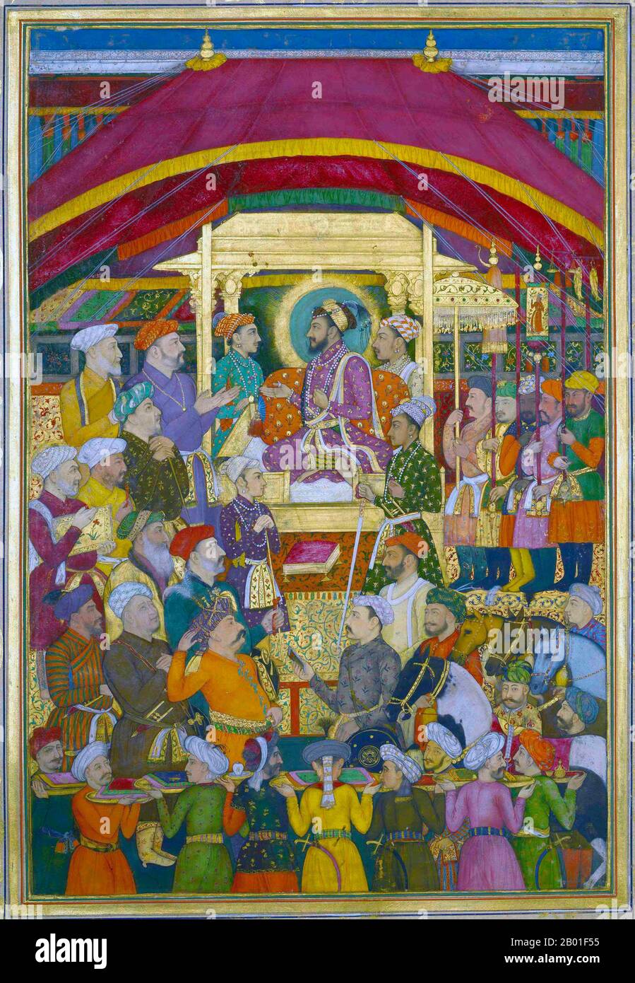 Indien: Shah Jahan (5. Januar 1592 - 22. Januar 1666) empfängt den persischen Botschafter MuhammadAli Beg während der Neujahrsfeier. Aquarellmalerei von Jalal Quli (17. Jahrhundert), c. 1635-1650. Shah Jahan war von 1628 bis 1658 Kaiser des Mogul-Reiches auf dem indischen Subkontinent. Der Name Shah Jahan stammt aus Persisch und bedeutet „König der Welt“. Er war der fünfte Mogul-Kaiser nach Babur, Humayun, Akbar und Jahangir. Die Zeit seiner Herrschaft war das goldene Zeitalter der Mogul-Architektur. Shah Jahan errichtete viele herrliche Denkmäler, von denen das berühmteste das Taj Mahal ist. Stockfoto