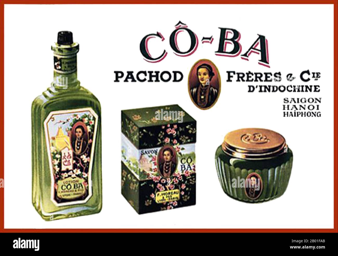 Vietnam: Advertisment for Pachod Freres Parfüms, c. 1940er. Werbung für Pachod Freres d'Indochine - Saigon, Hanoi, Haiphong. Saigon und insbesondere die Rue Catinat waren bekannt für ihre Parfümerien. Stockfoto