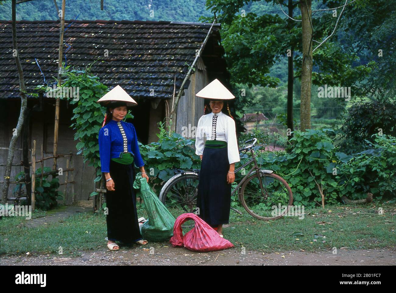 Vietnam: Weiße Tai-Frauen in der Nähe von Thuan Chau, Provinz Son La, Nordwesten Vietnams. In den engen Bergtälern der Provinzen Son La, Dien Bien und Lai Chau in Nordvietnam bleiben die Tai eine sehr bemerkenswerte und selbstbewusste Minderheit. Sie sind in die Gemeinden White Tai und Black Tai unterteilt, während Red Tai weiter südlich durch die laotische Grenze in den Provinzen Thanh Hoa und Nghe an vorherrscht. Diese Untergruppen zeichnen sich durch die Kleidung ihrer Frauen aus. Vietnams Tai sind Menschen in den Bergtälern. Sie sind relativ wohlhabend. Stockfoto