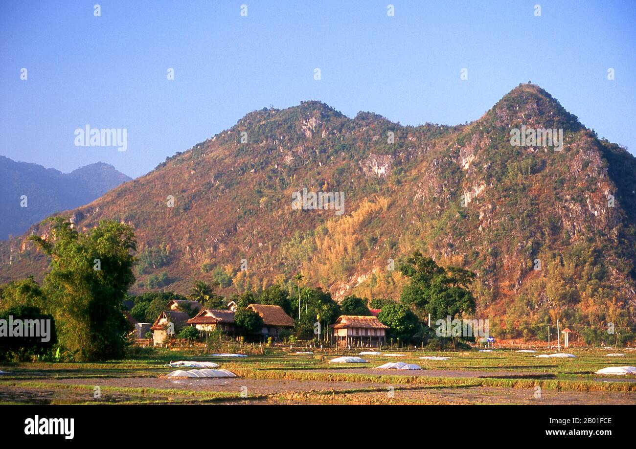 Vietnam: Dorf White Tai, Mai Chau, Provinz Hoa Binh. In den engen Bergtälern der Provinzen Son La, Dien Bien und Lai Chau in Nordvietnam bleiben die Tai eine sehr bemerkenswerte und selbstbewusste Minderheit. Sie sind in die Gemeinden White Tai und Black Tai unterteilt, während Red Tai weiter südlich durch die laotische Grenze in den Provinzen Thanh Hoa und Nghe an vorherrscht. Diese Untergruppen zeichnen sich durch die Kleidung ihrer Frauen aus. Vietnams Tai sind Menschen in den Bergtälern. Sie sind relativ wohlhabend. Stockfoto