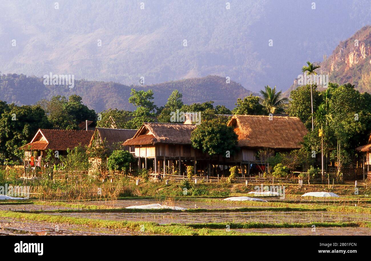 Vietnam: Dorf White Tai, Mai Chau, Provinz Hoa Binh. In den engen Bergtälern der Provinzen Son La, Dien Bien und Lai Chau in Nordvietnam bleiben die Tai eine sehr bemerkenswerte und selbstbewusste Minderheit. Sie sind in die Gemeinden White Tai und Black Tai unterteilt, während Red Tai weiter südlich durch die laotische Grenze in den Provinzen Thanh Hoa und Nghe an vorherrscht. Diese Untergruppen zeichnen sich durch die Kleidung ihrer Frauen aus. Vietnams Tai sind Menschen in den Bergtälern. Sie sind relativ wohlhabend. Stockfoto