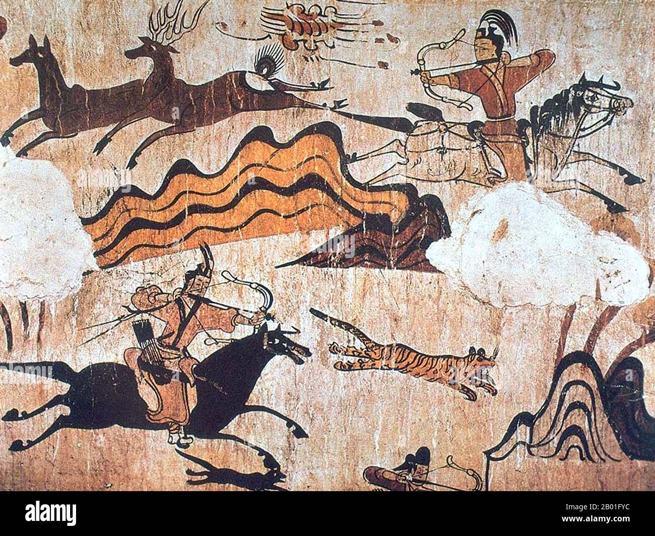Korea/China: Jagdszene, Grabmal der Tänzer, aus Koguryo, Westwand der Grabkammer, Grabmal der Tänzer, Provinz Jilin, c. 5. Century CE. Goguryeo oder Koguryŏ war ein altes koreanisches Königreich, das sich heute in nördlichen und zentralen Teilen der koreanischen Halbinsel, der Südmandschurei und der südlichen russischen Küstenprovinz befindet. Zusammen mit Baekje und Silla war Goguryeo eines der drei Königreiche Koreas. Goguryeo war ein aktiver Teilnehmer am Machtkampf um die Kontrolle über die koreanische Halbinsel sowie mit den Außenbeziehungen der Nachbarpolitiken in China und Japan verbunden. Stockfoto
