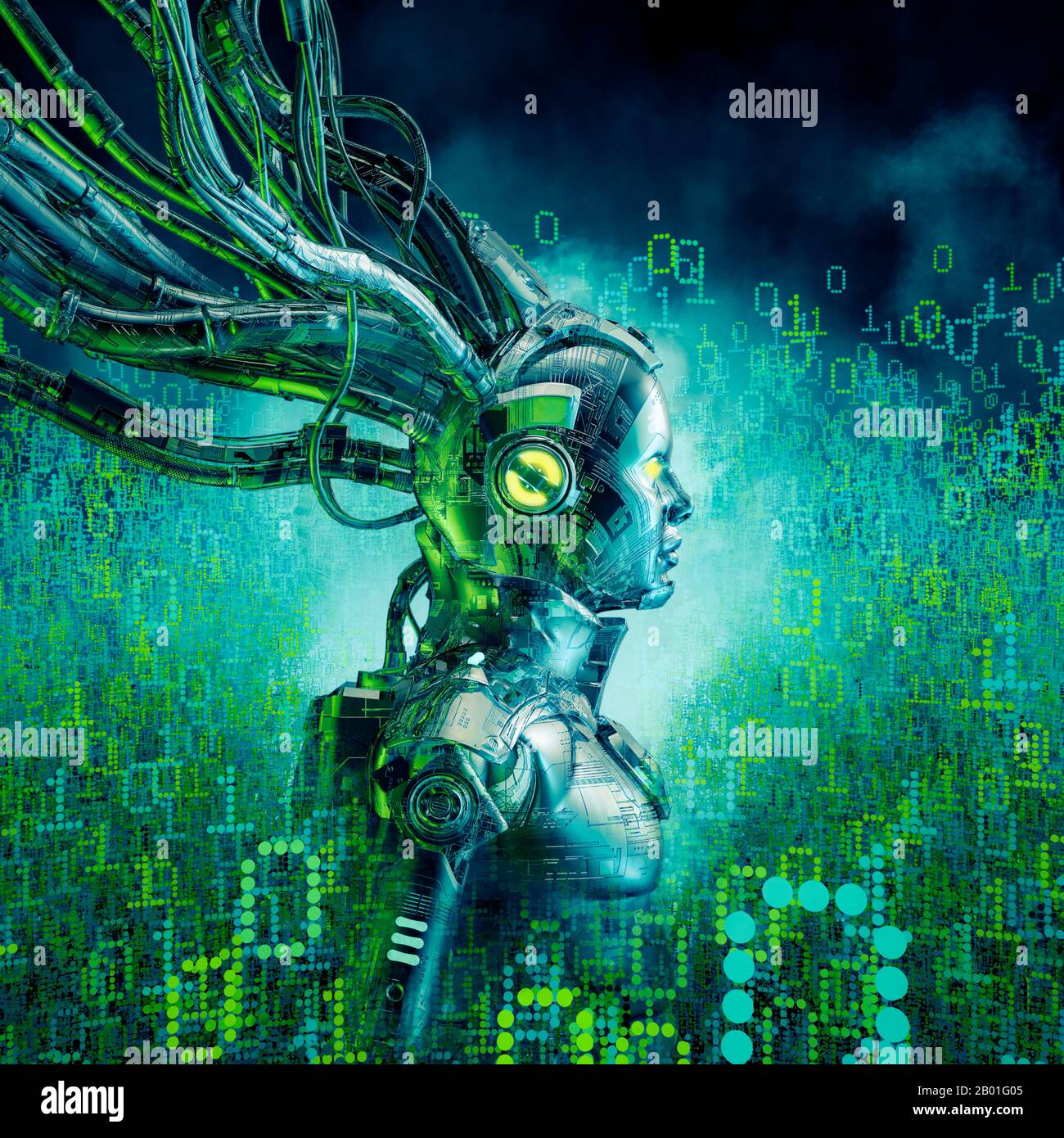 Binäres Träumermädchen/3D-Illustration von Science-Fiction-futuristischen weiblichen androiden, umgeben von leuchtenden Binärdaten Stockfoto