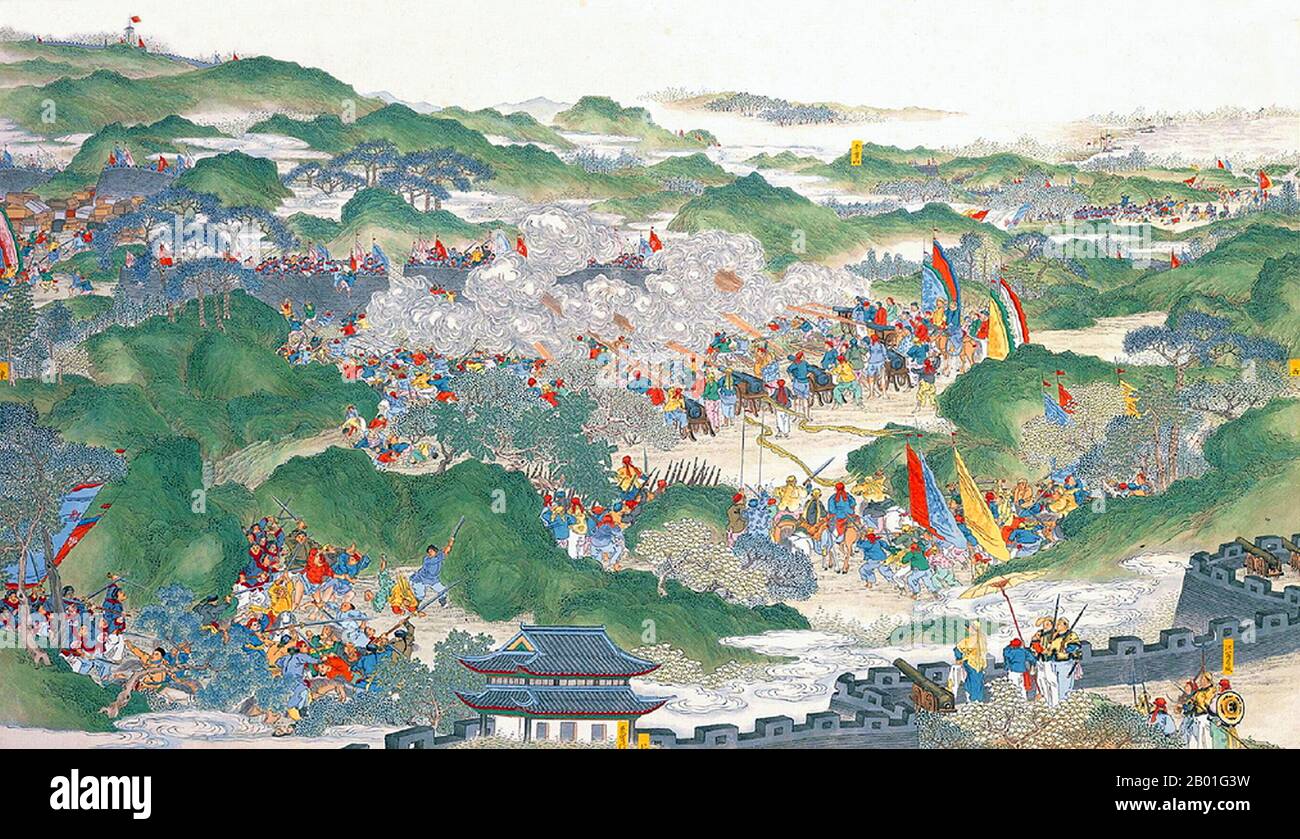 China: Qing-Truppen heben die Belagerung Yuhuatais auf (Taiping Rebellion, 1850-1864). Hängescroll-Gemälde von Wu Youru, 1886. Die Taiping Rebellion war ein weit verbreiteter Bürgerkrieg in Südchina von 1850 bis 1864, angeführt von heterodoxem christlichen Konvertiten Hong Xiuquan, der, nachdem er Visionen erhalten hatte, behauptet, er sei der jüngere Bruder von Jesus Christus, gegen die herrschende Manchu-geführte Qing-Dynastie. Etwa 20 Millionen Menschen starben, hauptsächlich Zivilisten, in einem der tödlichsten militärischen Konflikte der Geschichte. Hong gründete das himmlische Königreich Taiping mit seiner Hauptstadt in Nanjing. Stockfoto