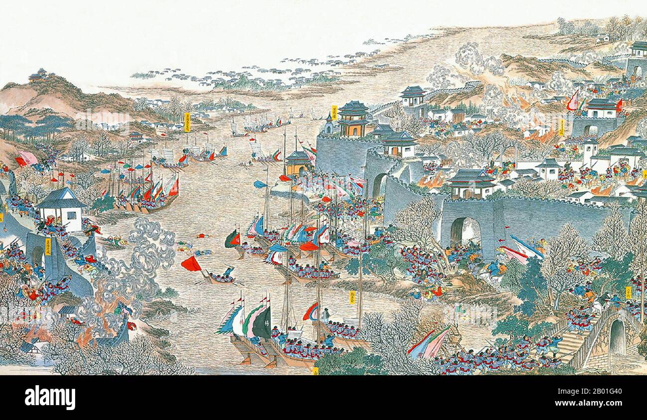 China: Qing-Kräfte, die Wuchang-Stadt erobern (Taiping Rebellion, 1850-1864) (Taiping Rebellion, 1850-1864). Handscrollen-Gemälde von Qingkuan, 19. Jahrhundert. Die Taiping Rebellion war ein weit verbreiteter Bürgerkrieg in Südchina von 1850 bis 1864, angeführt von heterodoxem christlichen Konvertiten Hong Xiuquan, der, nachdem er Visionen erhalten hatte, behauptet, er sei der jüngere Bruder von Jesus Christus, gegen die herrschende Manchu-geführte Qing-Dynastie. Etwa 20 Millionen Menschen starben, hauptsächlich Zivilisten, in einem der tödlichsten militärischen Konflikte der Geschichte. Stockfoto