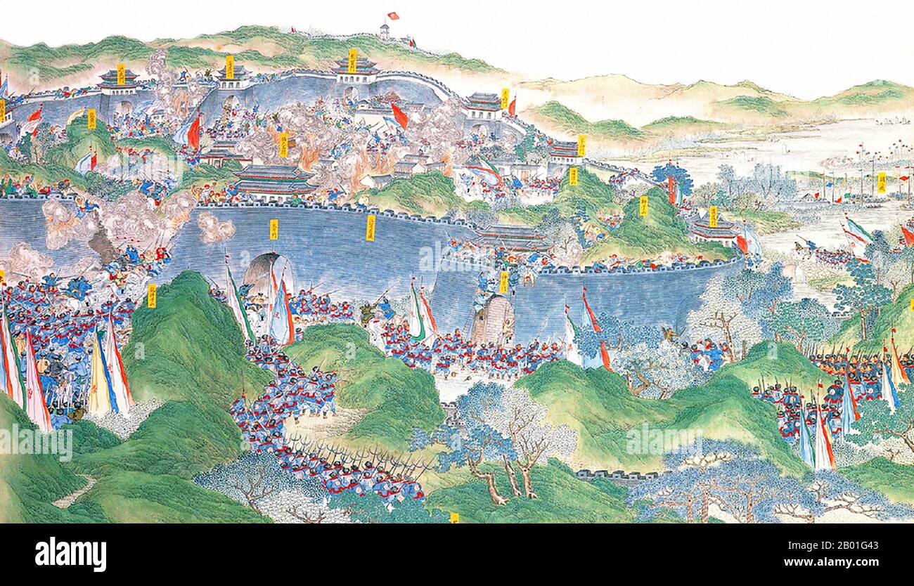 China: Die Qing-Truppen erlangen die Kontrolle über Jinling zurück (Taiping Rebellion, 1850-1864). Hängescroll-Gemälde von Wu Youru, 1886. Die Taiping Rebellion war ein weit verbreiteter Bürgerkrieg in Südchina von 1850 bis 1864, angeführt von heterodoxem christlichen Konvertiten Hong Xiuquan, der, nachdem er Visionen erhalten hatte, behauptet, er sei der jüngere Bruder von Jesus Christus, gegen die herrschende Manchu-geführte Qing-Dynastie. Etwa 20 Millionen Menschen starben, hauptsächlich Zivilisten, in einem der tödlichsten militärischen Konflikte der Geschichte. Hong gründete das himmlische Königreich Taiping mit seiner Hauptstadt in Nanjing. Stockfoto