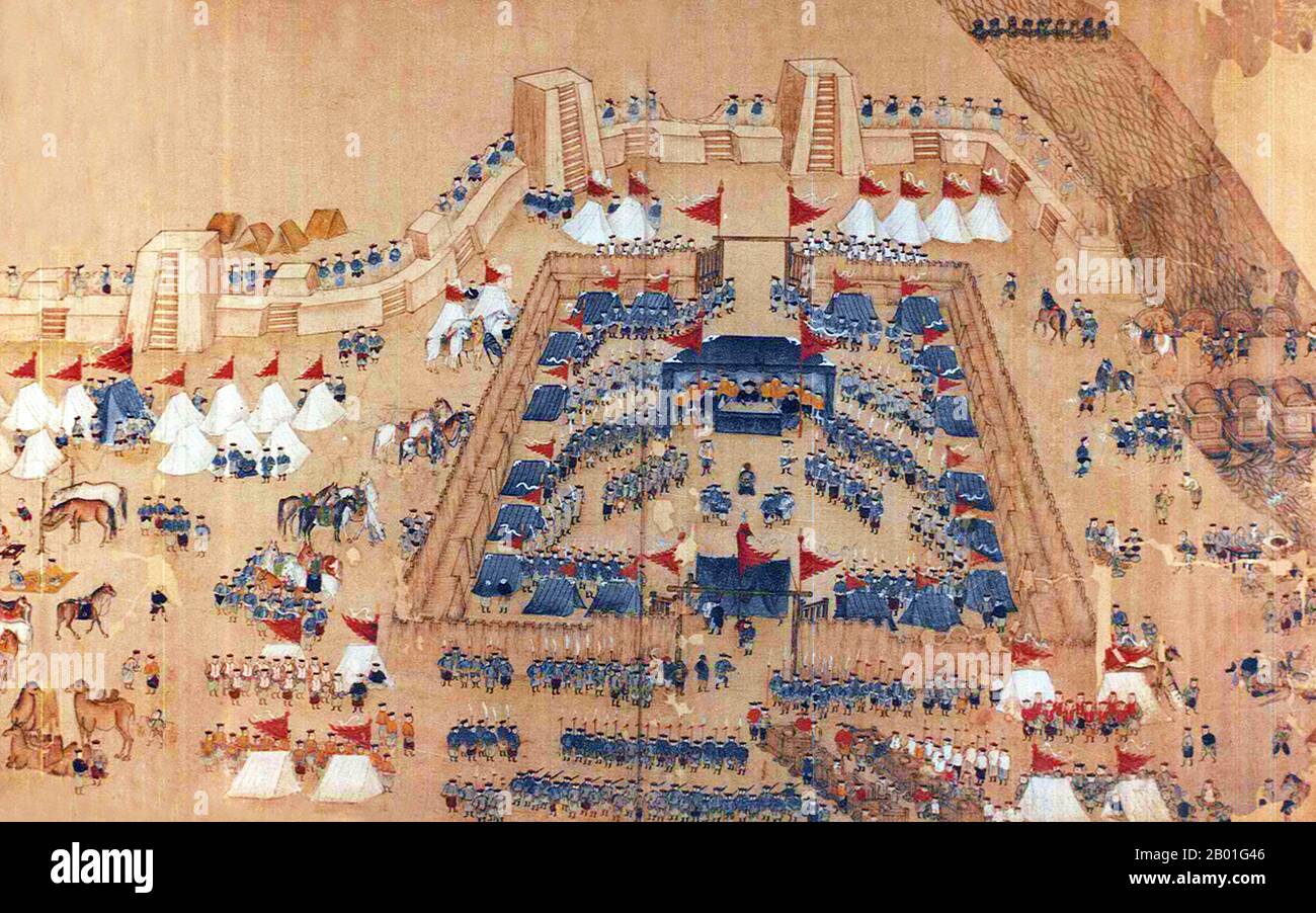China: Gefangennahme des Taipingführers Lin Feng-xiang (Taiping Rebellion, 1850-1864). Handscrollen-Malerei, 1850er. Die Taiping Rebellion war ein weit verbreiteter Bürgerkrieg in Südchina von 1850 bis 1864, angeführt von heterodoxem christlichen Konvertiten Hong Xiuquan, der, nachdem er Visionen erhalten hatte, behauptet, er sei der jüngere Bruder von Jesus Christus, gegen die herrschende Manchu-geführte Qing-Dynastie. Etwa 20 Millionen Menschen starben, hauptsächlich Zivilisten, in einem der tödlichsten militärischen Konflikte der Geschichte. Hong gründete das himmlische Königreich Taiping mit seiner Hauptstadt in Nanjing. Stockfoto