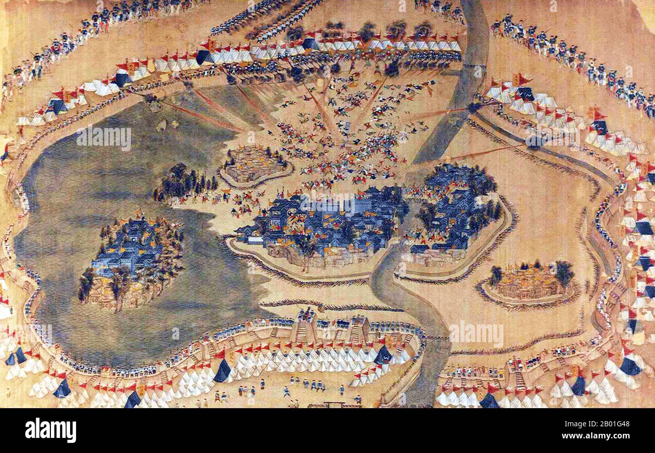 China: The Belagge of Lianzhen (4) (Taiping Rebellion, 1850-1864). Handscrollen-Malerei, 1850er. Die Taiping Rebellion war ein weit verbreiteter Bürgerkrieg in Südchina von 1850 bis 1864, angeführt von heterodoxem christlichen Konvertiten Hong Xiuquan, der, nachdem er Visionen erhalten hatte, behauptet, er sei der jüngere Bruder von Jesus Christus, gegen die herrschende Manchu-geführte Qing-Dynastie. Etwa 20 Millionen Menschen starben, hauptsächlich Zivilisten, in einem der tödlichsten militärischen Konflikte der Geschichte. Hong gründete das himmlische Königreich Taiping mit seiner Hauptstadt in Nanjing. Stockfoto