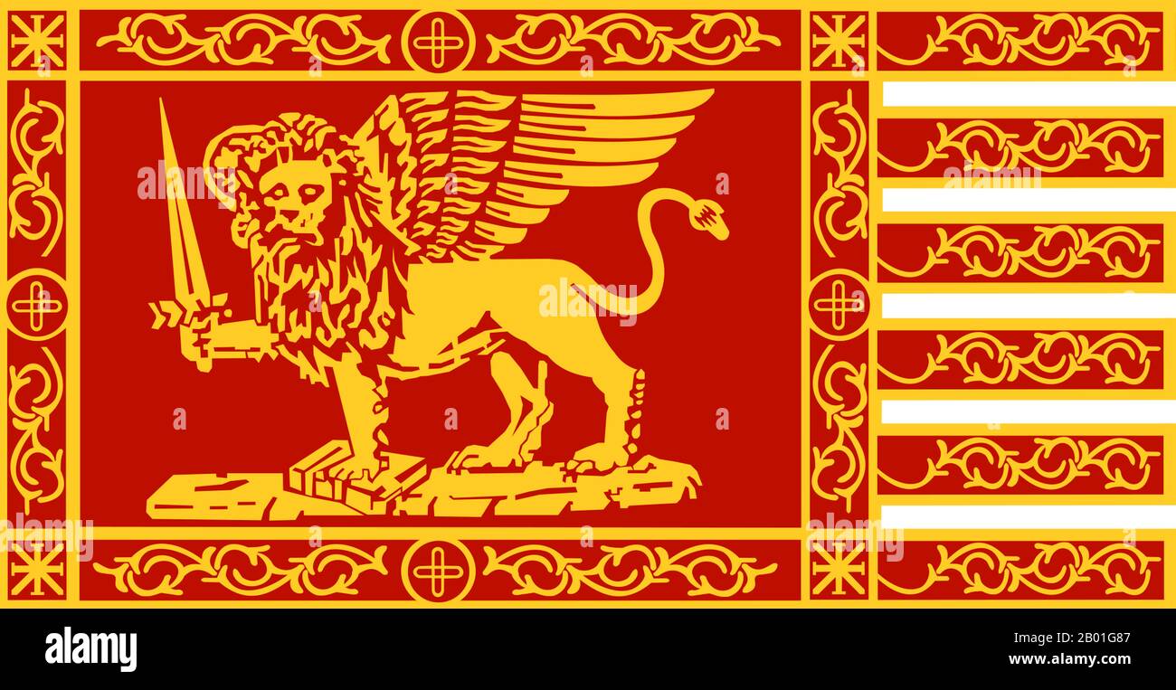 Italien/Venedig: Flagge der ruhigsten Republik Venedig (697-1797). Die Republik Venedig (Italienisch: Repubblica di Venezia, Venetianisch: Repùblica Vèneta oder Repùblica de Venesia) oder die Venezianische Republik war ein Staat, der aus der Stadt Venedig im Nordosten Italiens stammt. Sie existierte über ein Jahrtausend, vom Ende des 7. Jahrhunderts bis 1797. Sie war formell als die ruhigste Republik Venedigs bekannt (Italienisch: Serenissima Repubblica di Venezia, Venetian: Serenìsima Repùblica Vèneta) und wird oft als La Serenissima bezeichnet, in Bezug auf ihren Titel als eine der "ruhigsten Republiken". Stockfoto