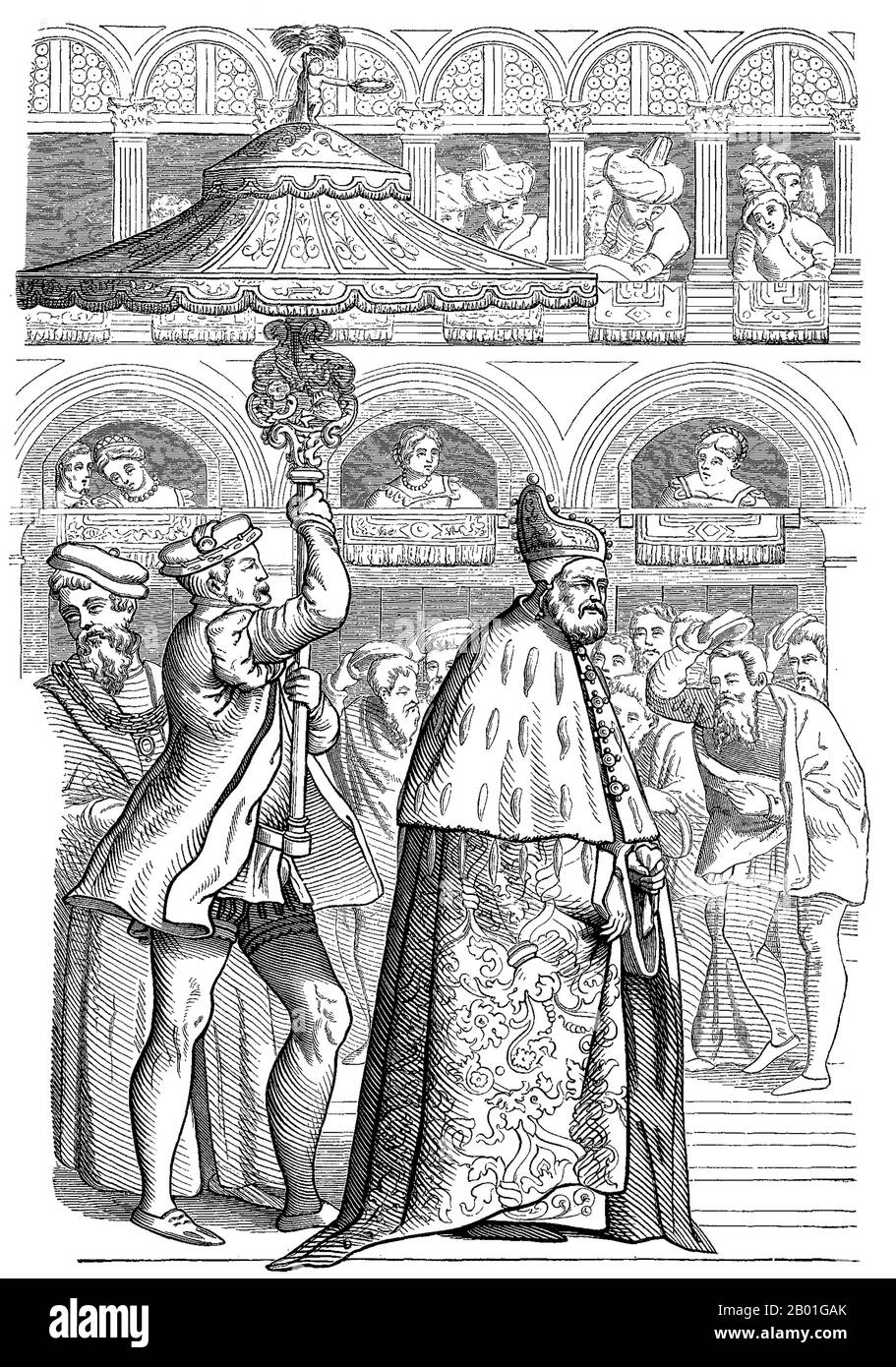 Der Doge von Venedig (abgeleitet von lat. dux, 'Führer'), oft mistransierter Herzog (das italienische Wort für Herzog ist 'Duca') war über tausend Jahre lang der oberste Richter und Führer der Heitersten Republik von Venedig. Dogen von Venedig wurden lebenslang von der Aristokratie des Stadtstaats gewählt. Im Allgemeinen war die als Doge ausgewählte Person der stärkste Älteste in der Stadt. Im Gegensatz zur VolksanÜberzeugung war der doge kein Herzog im modernen Sinne, noch war ein doge das Äquivalent eines erblichen Dukes. Der doge war der am höchsten gewählte Beamte Venedigs und Genuas; beide Städte waren Republiken und gewählte Dogen Stockfoto