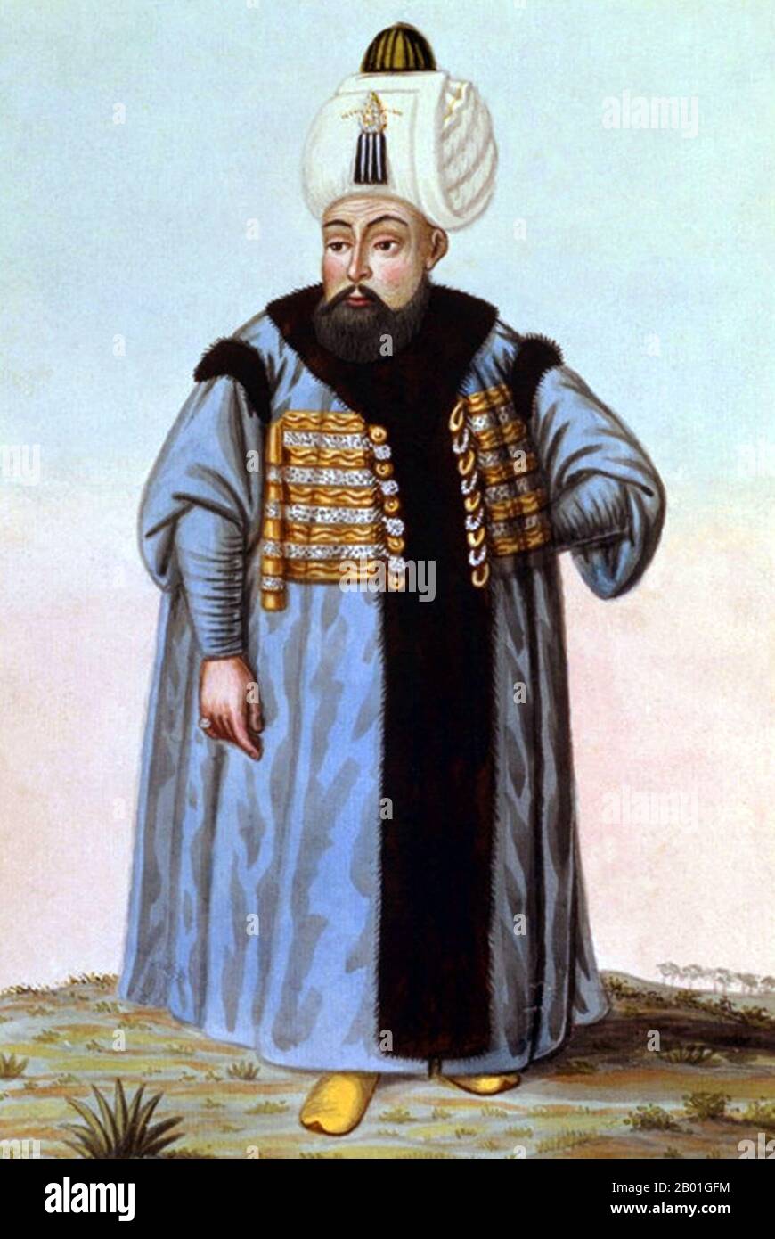 Türkei: Selim II (28. Mai 1524 - 15. Dezember 1574), Sultan des Osmanischen Reiches. Aquarellmalerei von John Young (1755-1825), 1815. Selim II. Wurde in Istanbul geboren, Sohn von Suleiman dem herrlichen und seiner viertliebsten ruthenischen Frau Hürrem Sultan (Roxelana). Die Militärexpeditionen in Hejaz und Jemen waren erfolgreich, aber seine Eroberung Zyperns im Jahr 1571 führte zu der katastrophalen Niederlage der Marine gegen Spanien und Venedig in der Schlacht von Lepanto im selben Jahr und befreite das Mittelmeer von Korsaren. Die zerstörten Flotten des Imperiums wurden jedoch in nur sechs Monaten wieder hergestellt. Stockfoto