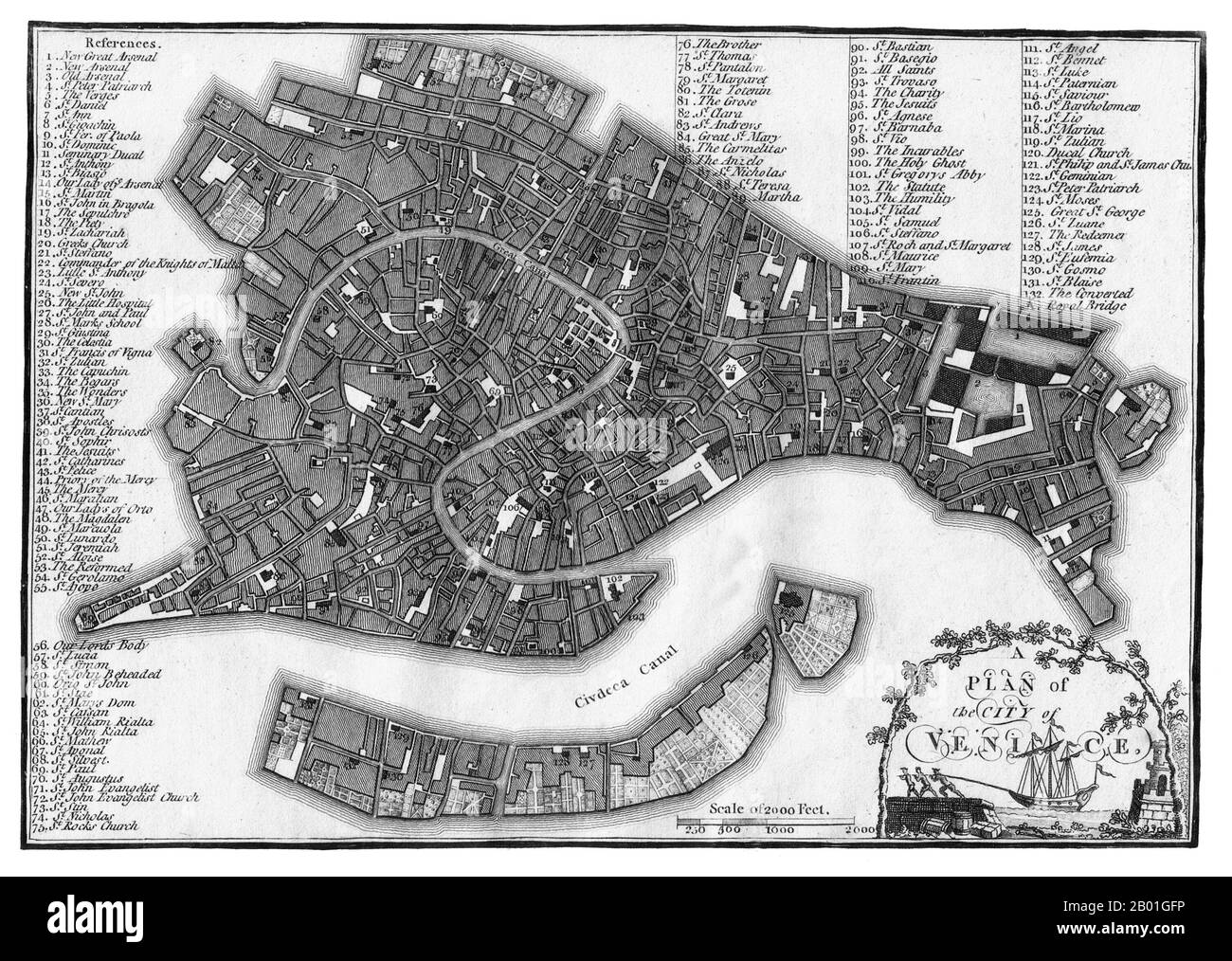 Italien/Venedig: Eine Karte von Venedig, veröffentlicht von J. Stockdale, London, 1800. Jahrhundertelang war Venedig Europas wichtigster Handelspartner im Nahen Osten und insbesondere im Byzantinischen Reich. Die venezianische Marine- und Handelsmacht war in Europa einzigartig, bis sie im 15. Jahrhundert eine Reihe von Kriegen gegen die osmanischen Armeen verlor. Die Stadt verlor in den Jahren 1575 bis 1577 etwa 50.000 Menschen durch den Schwarzen Tod, blieb aber bis weit ins 18. Jahrhundert ein wichtiges Fertigungszentrum und Hafen. Stockfoto